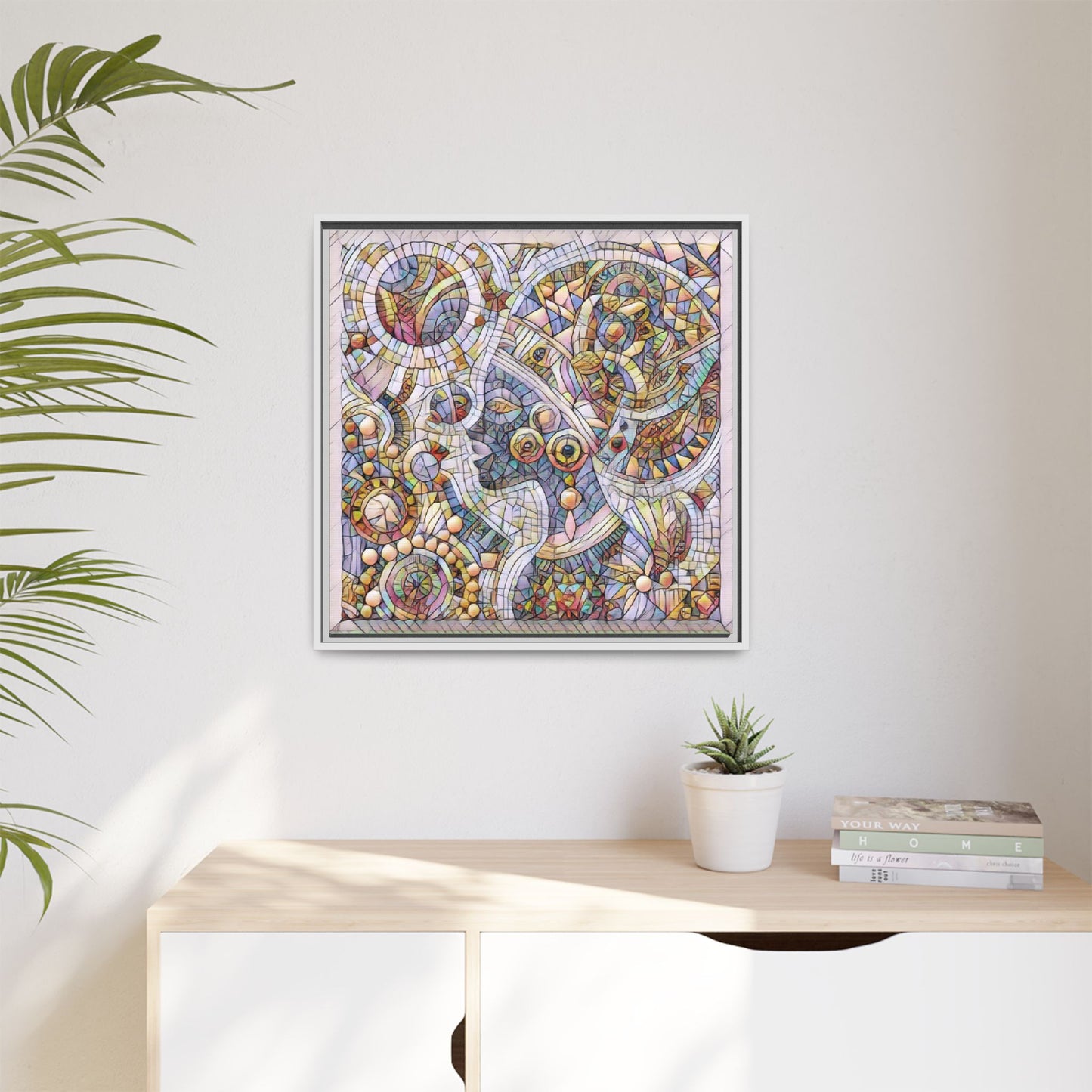 Abstract Mosaic Framed Canvas Art — Multicolor Geometric Wall Decor