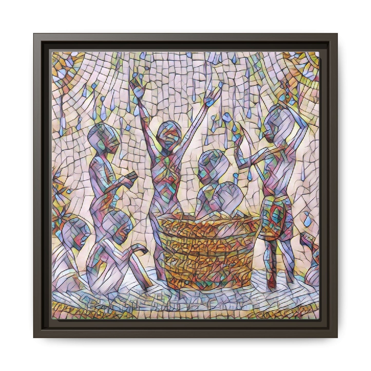 Framed Matte Canvas Art — Children Playing Mosaic Illustration