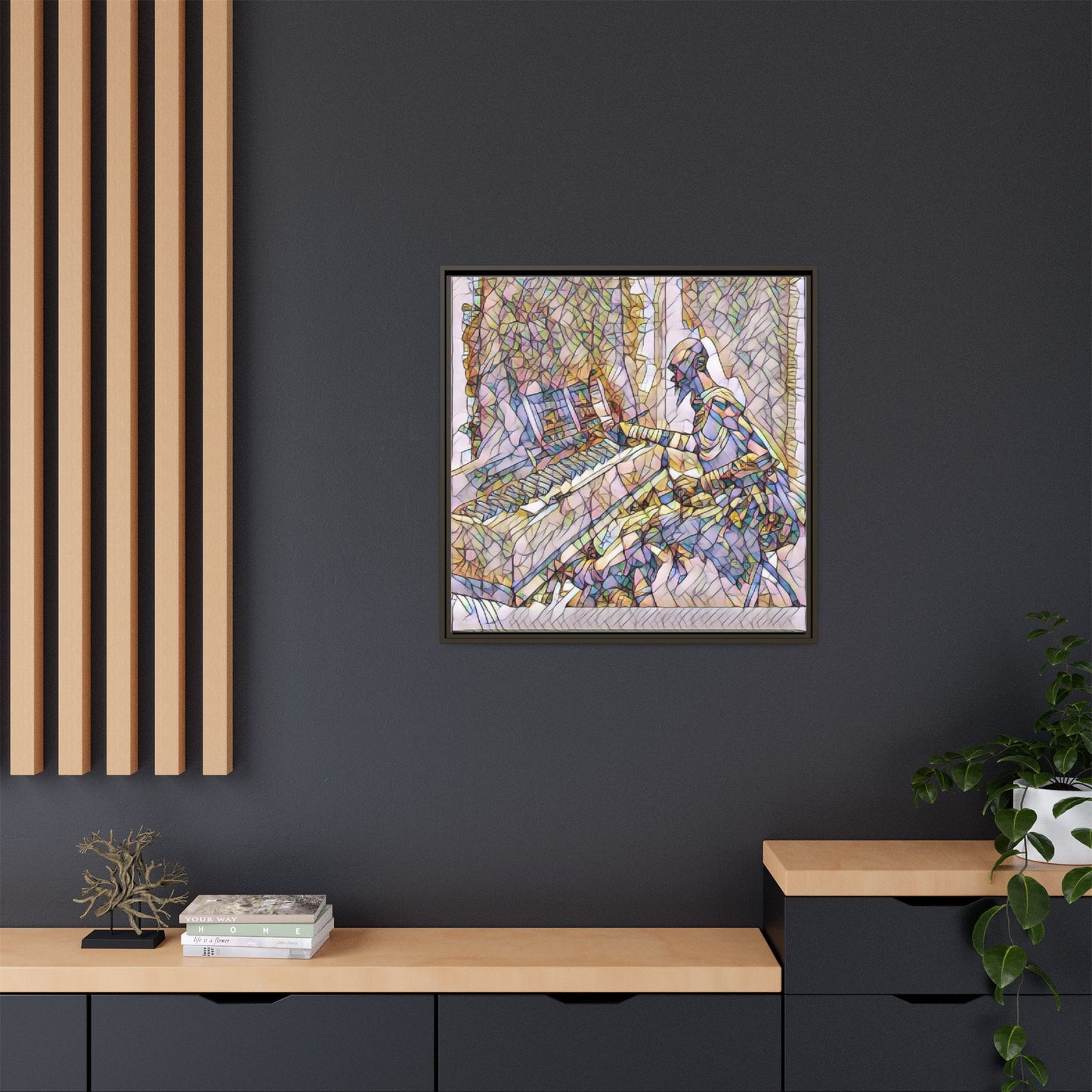 Framed Matte Canvas Art — Colorful Abstract Musician at Piano