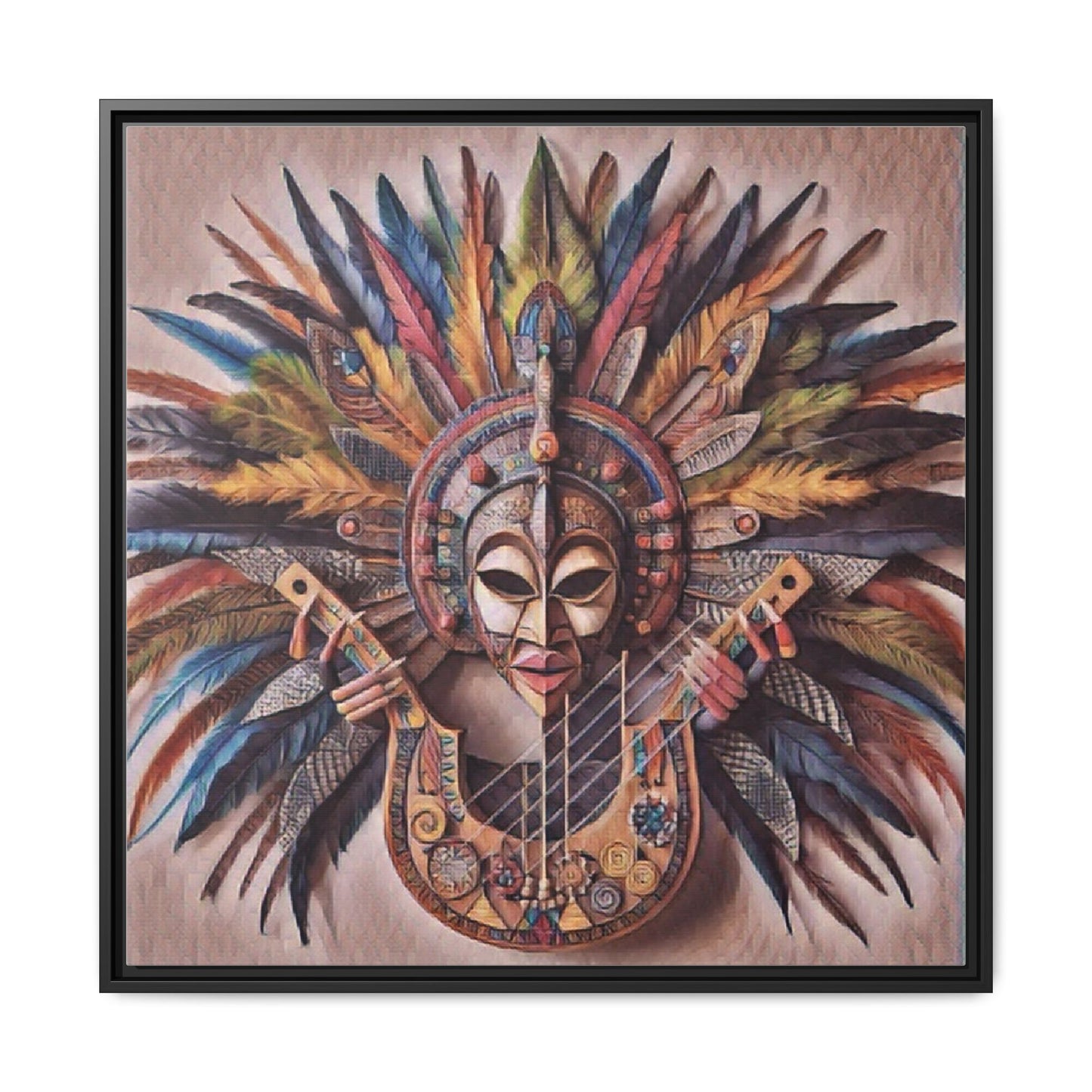 Tribal Feather Mask Guitar Framed Canvas Art — Colorful Boho Wall Decor