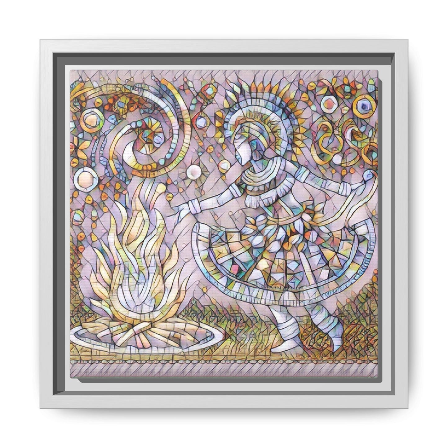Bohemian Fire Dancer Framed Canvas Art — Colorful Folk Mosaic Wall Decor