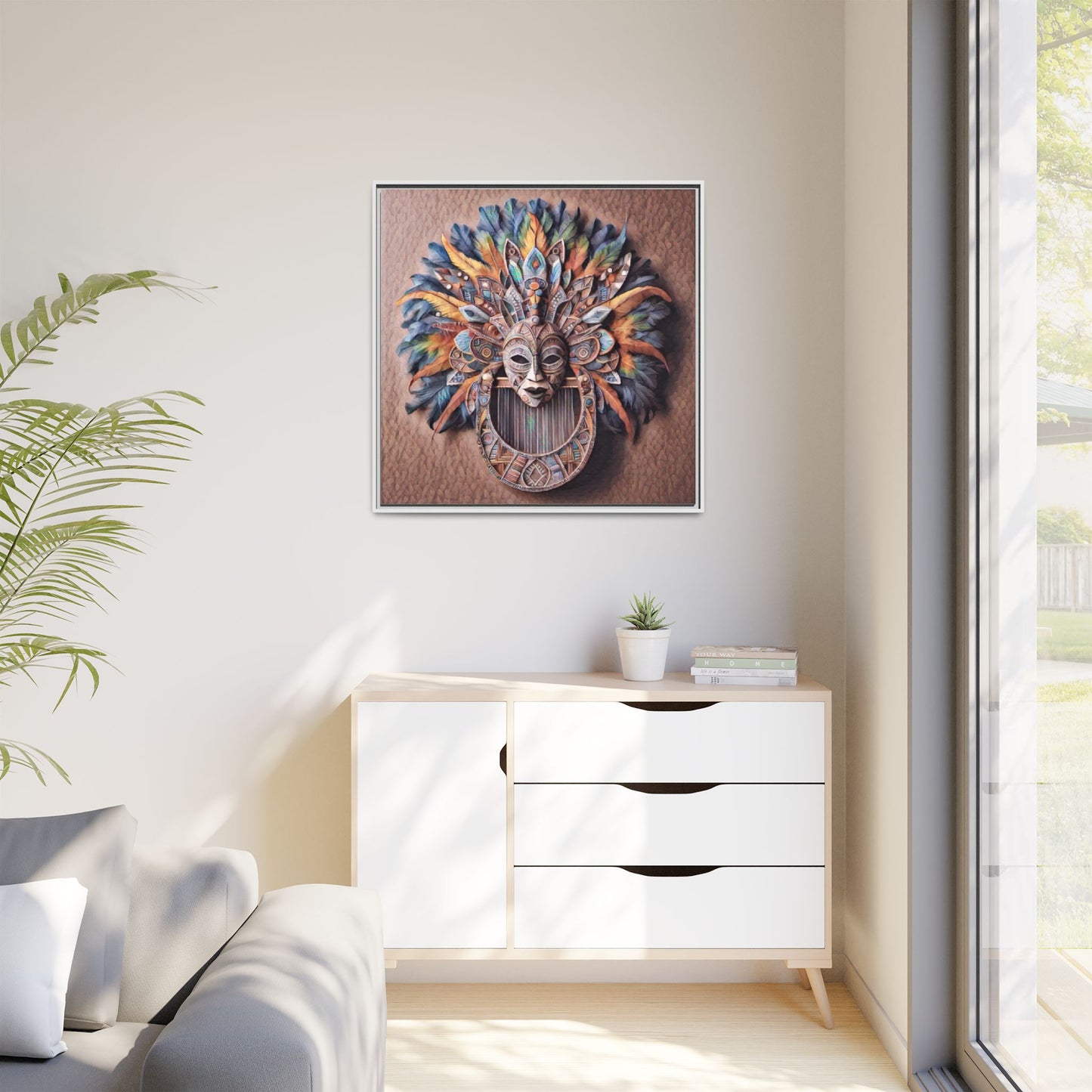 Tribal Feather Mask Framed Canvas Wall Art — Colorful Boho Decorative Print