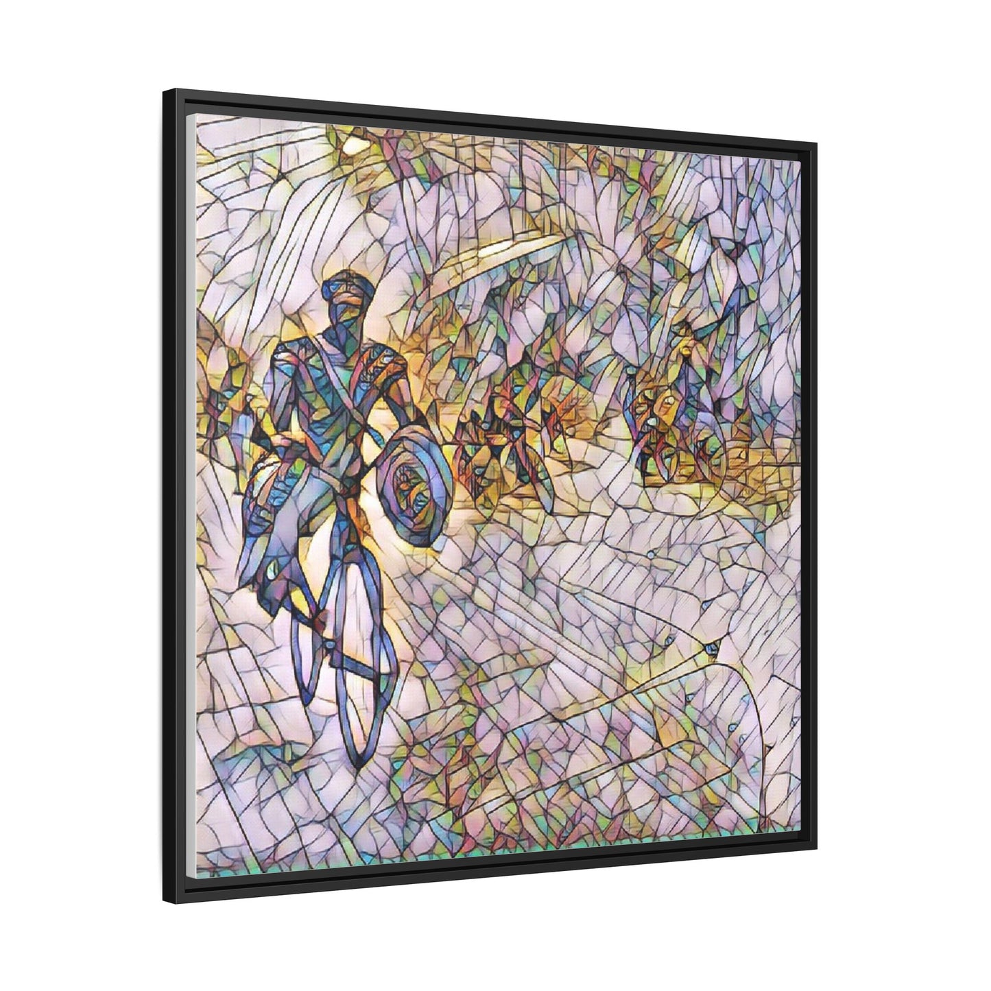 Cyclist Mosaic Matte Canvas Framed Wall Art — Colorful Biking Scene