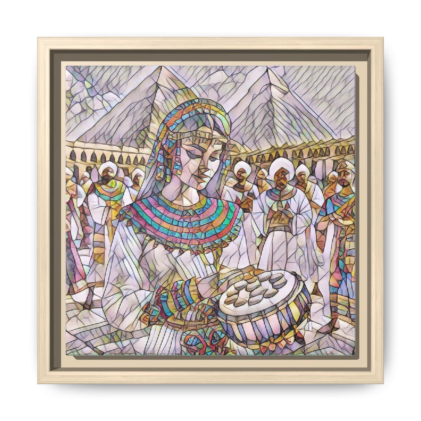 Egyptian Drum Player Framed Canvas Art — Colorful Ancient Scene Wall Decor