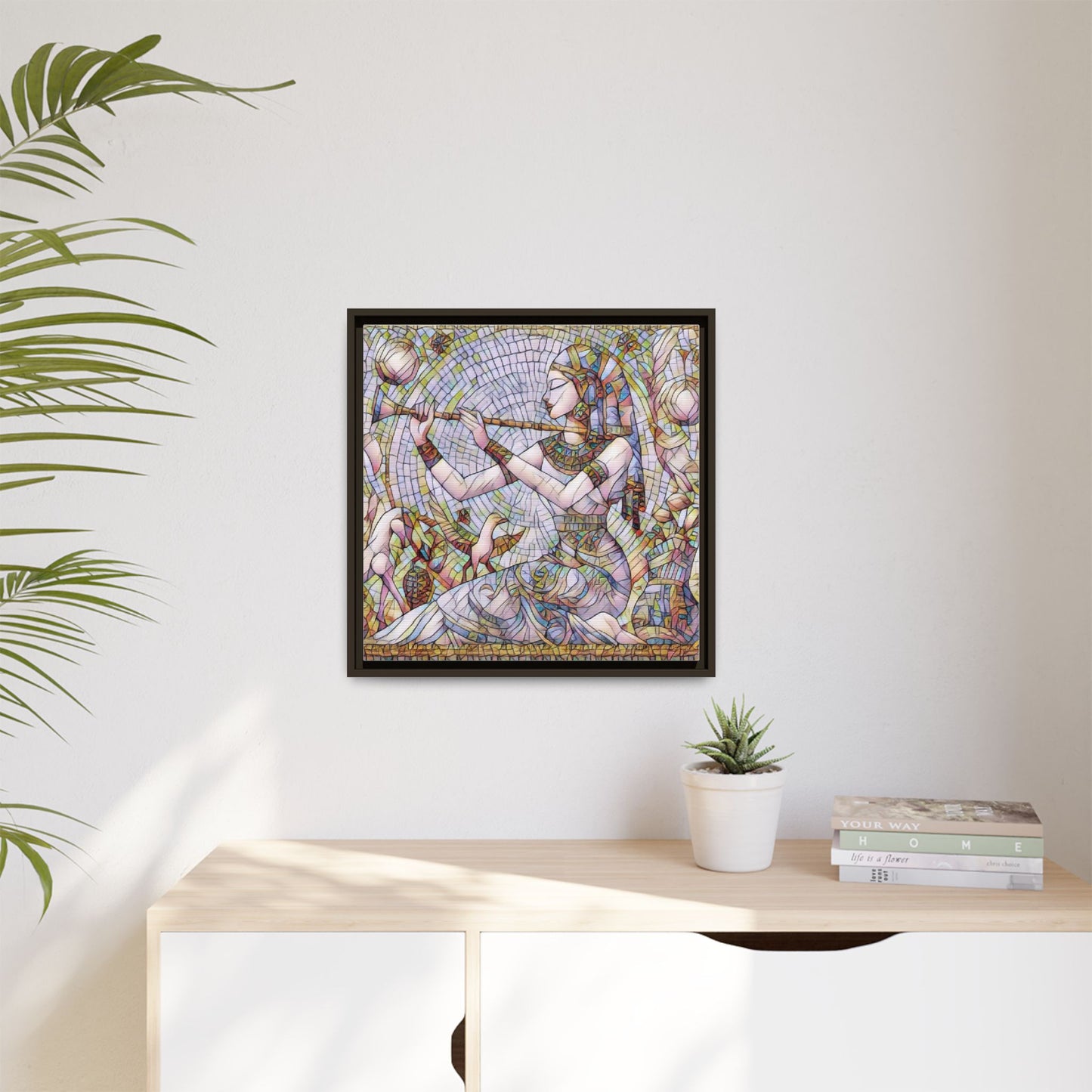 Egyptian Flute Player Framed Canvas Art — Colorful Mosaic Wall Decor