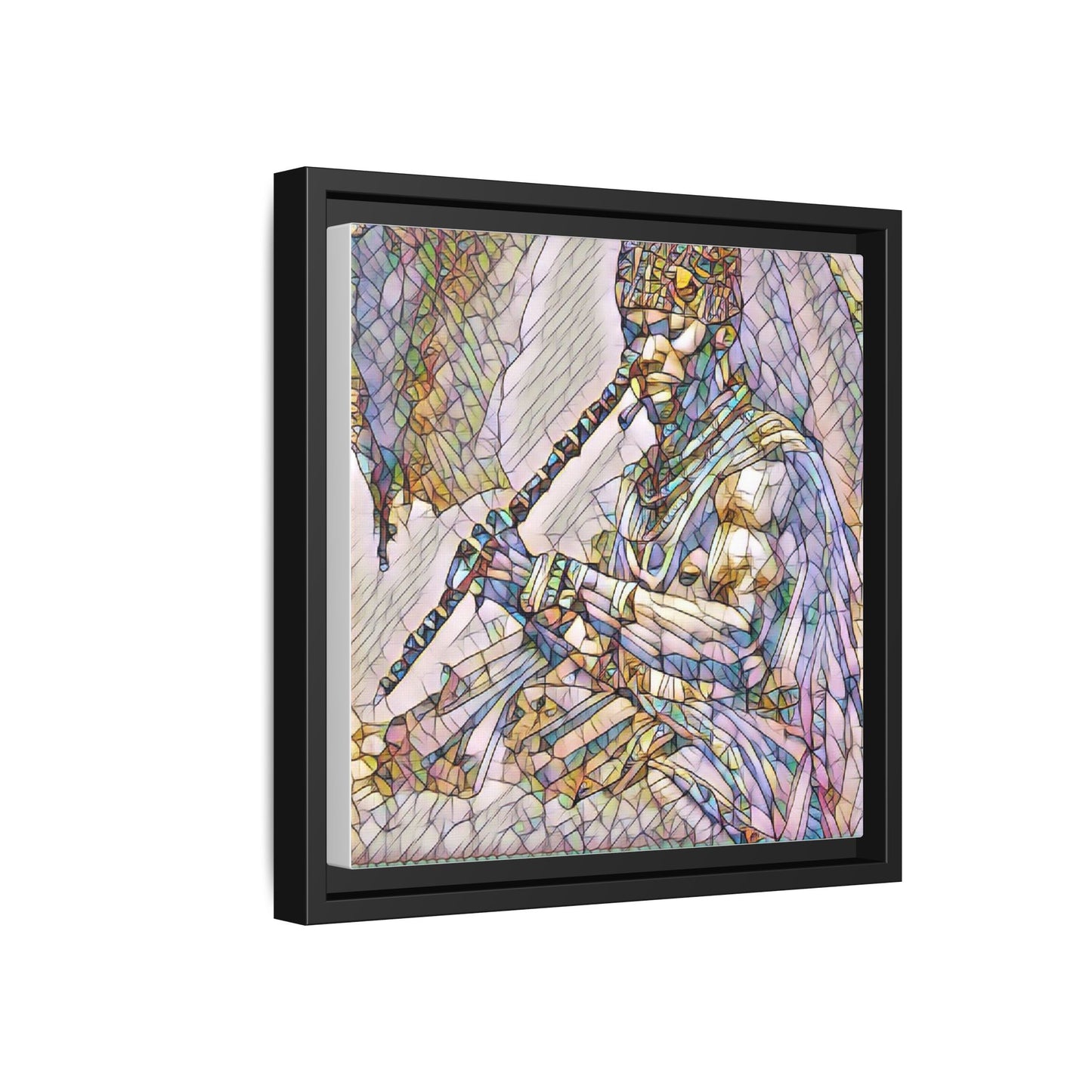 Tribal Flute Musician Stained-Glass Framed Canvas Art