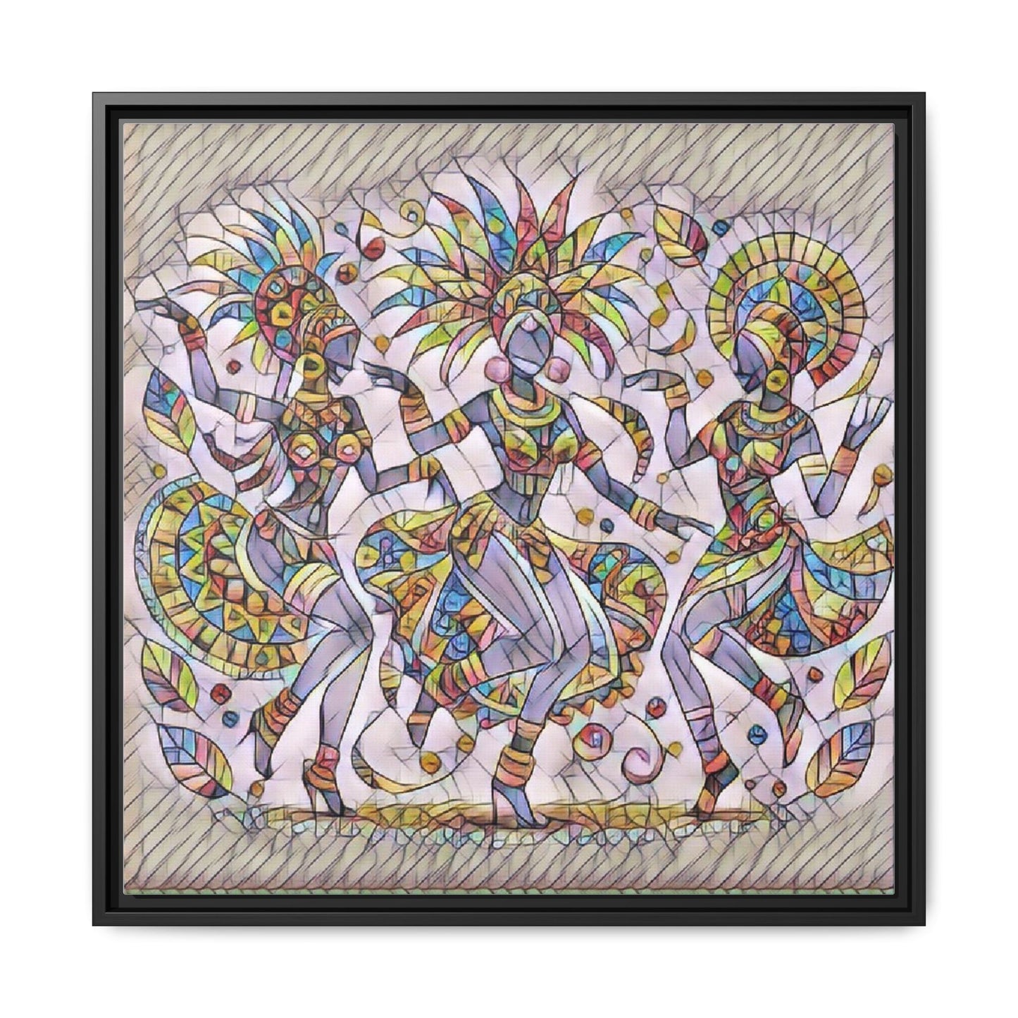 Colorful Carnival Dancers Framed Canvas Art — Multicolor Tribal Celebration Print