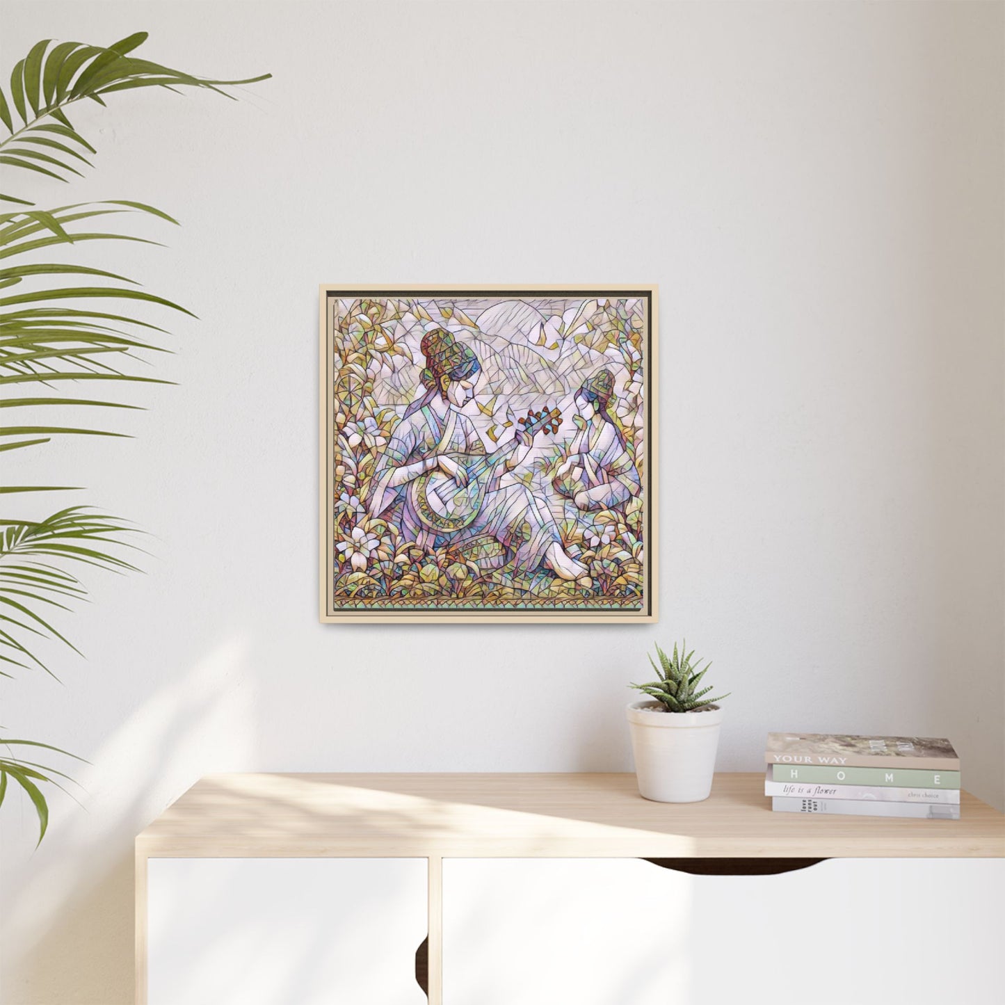 Framed Matte Canvas Art - Vintage Asian Musicians Floral Illustration