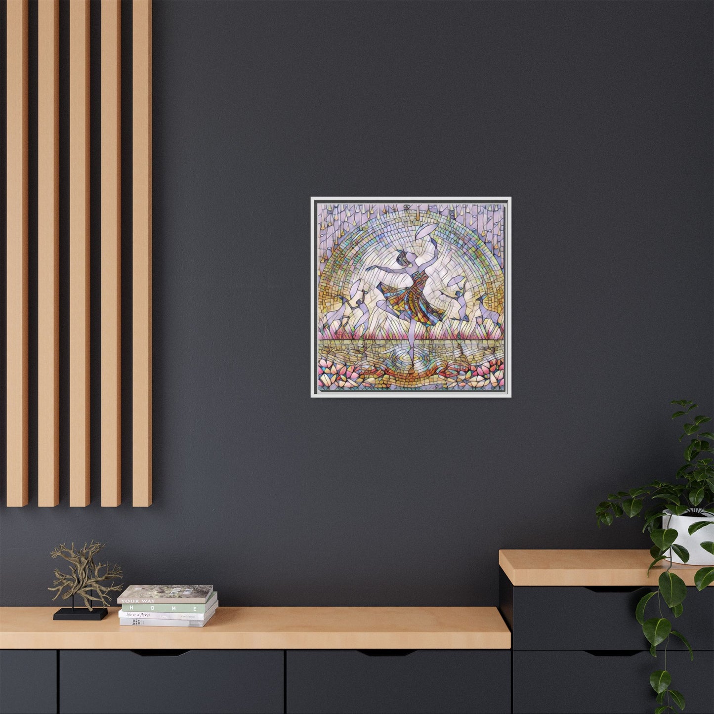 Stained Glass Ballerina Framed Canvas Art — Dancer Mosaic Wall Decor