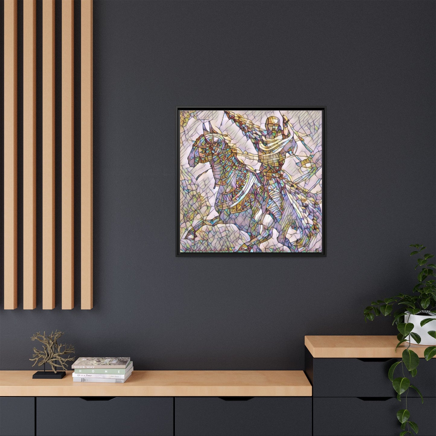 Framed Matte Canvas Print — Stained Glass Knight on Horse Artwork