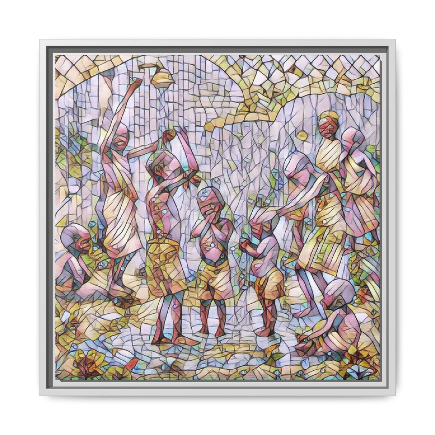 Framed Matte Canvas – Colorful Mosaic Children Playing Wall Art