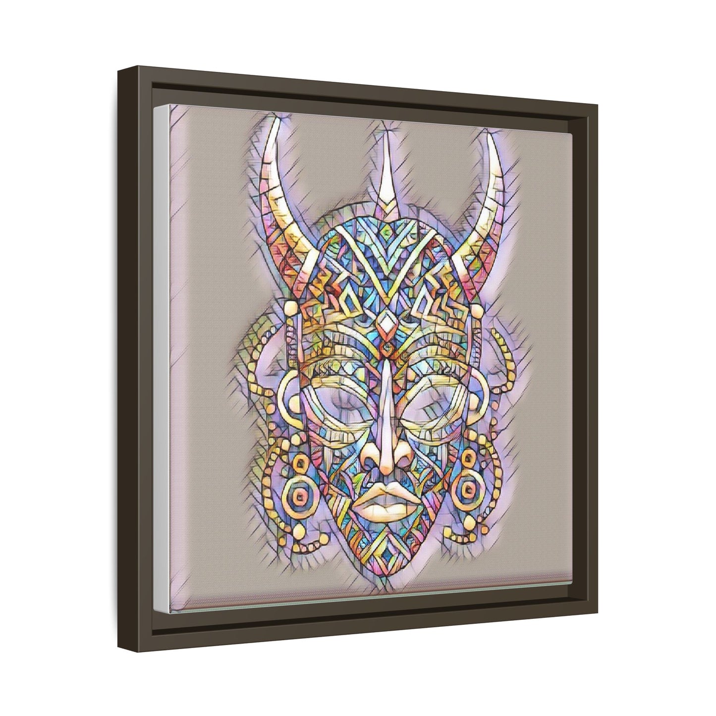 Colorful Tribal Mask Framed Canvas Art — Abstract Ethnic Wall Decor