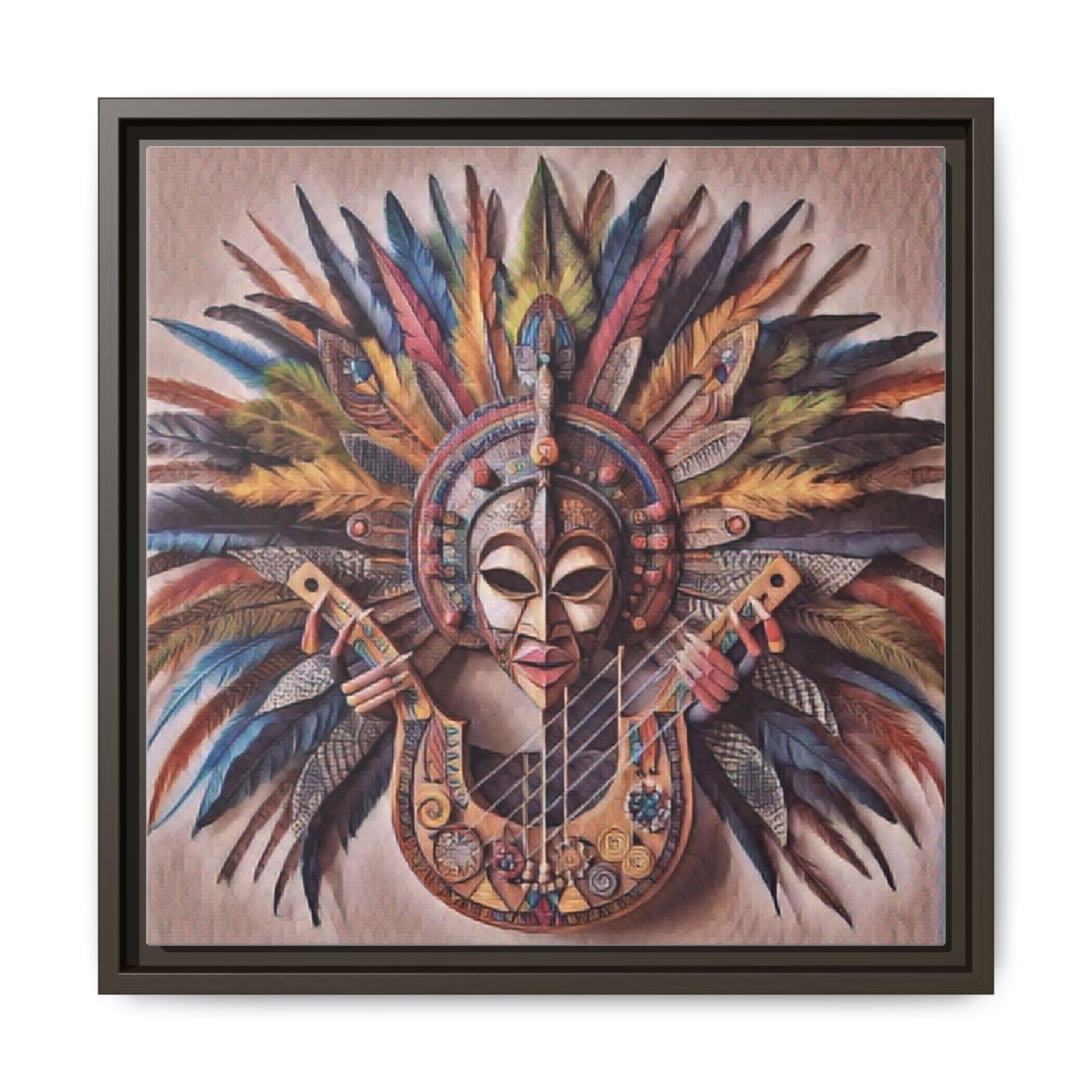 Tribal Feather Mask Guitar Framed Canvas Art — Colorful Boho Wall Decor