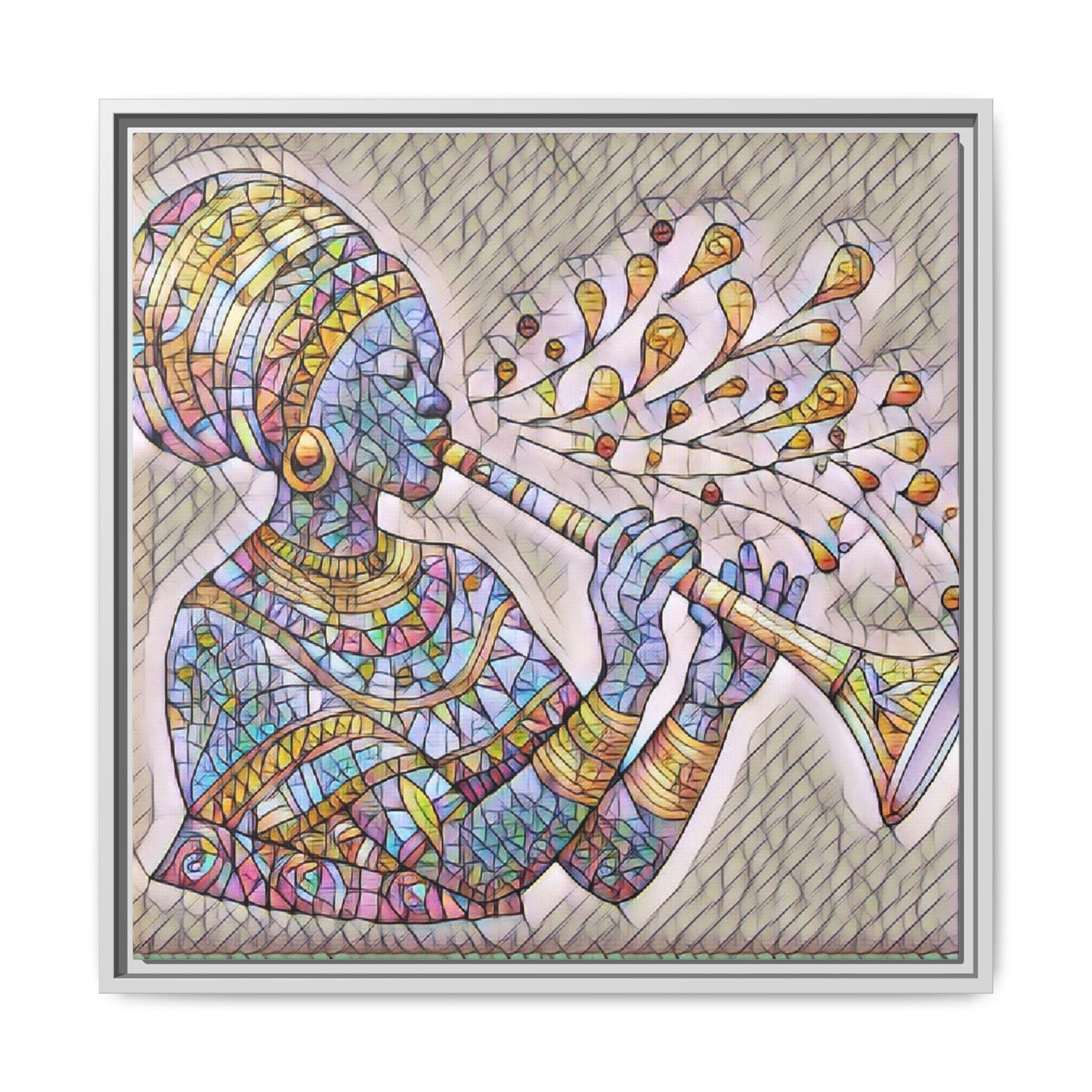 Framed Matte Canvas Art – Colorful African Musician Trumpet Print