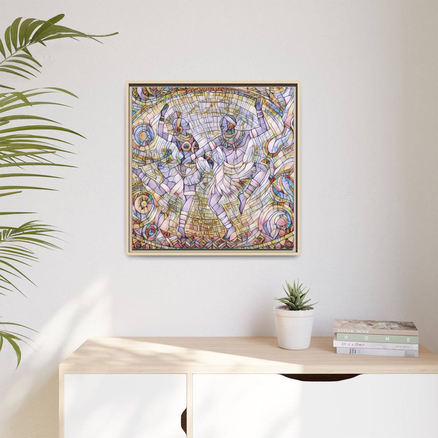 Abstract Dancers Matte Framed Canvas Wall Art — Multi‑Color Stained Glass Style
