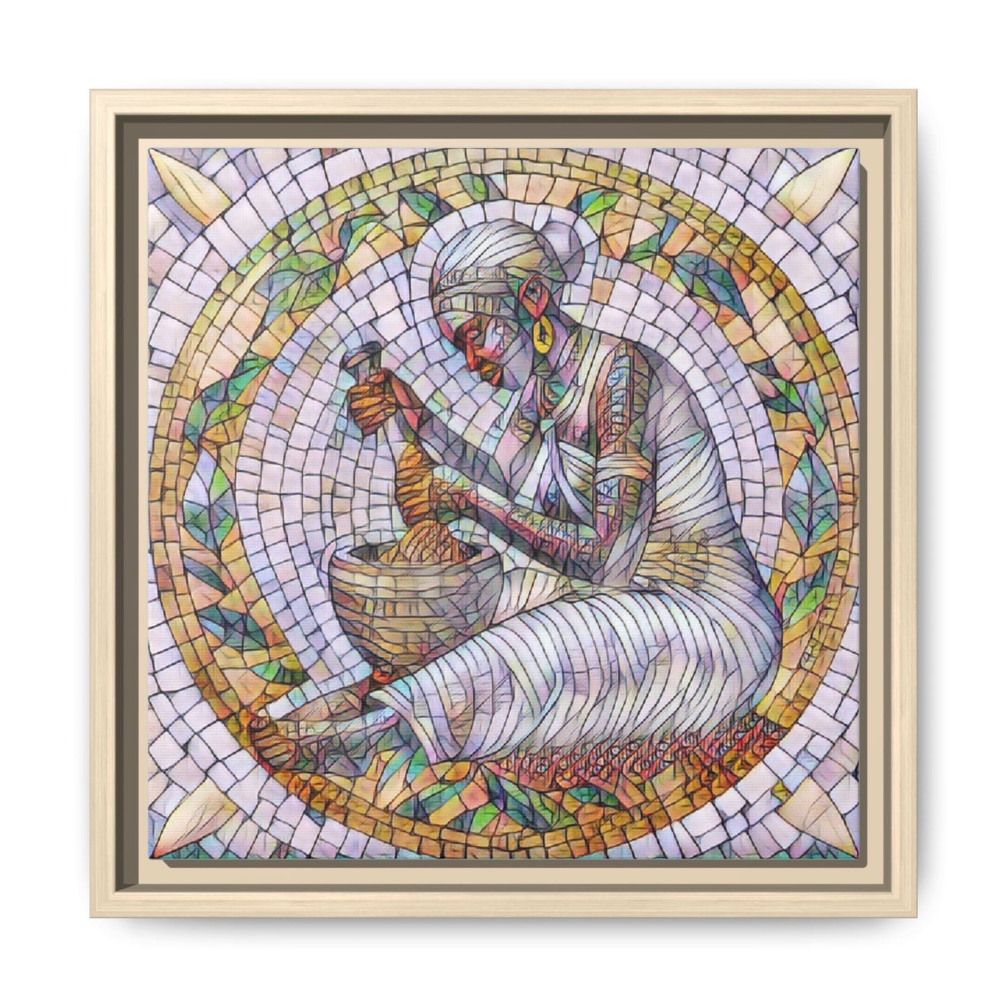 Framed Mosaic Art Print — Woman Grinding Grain (Matte Canvas)