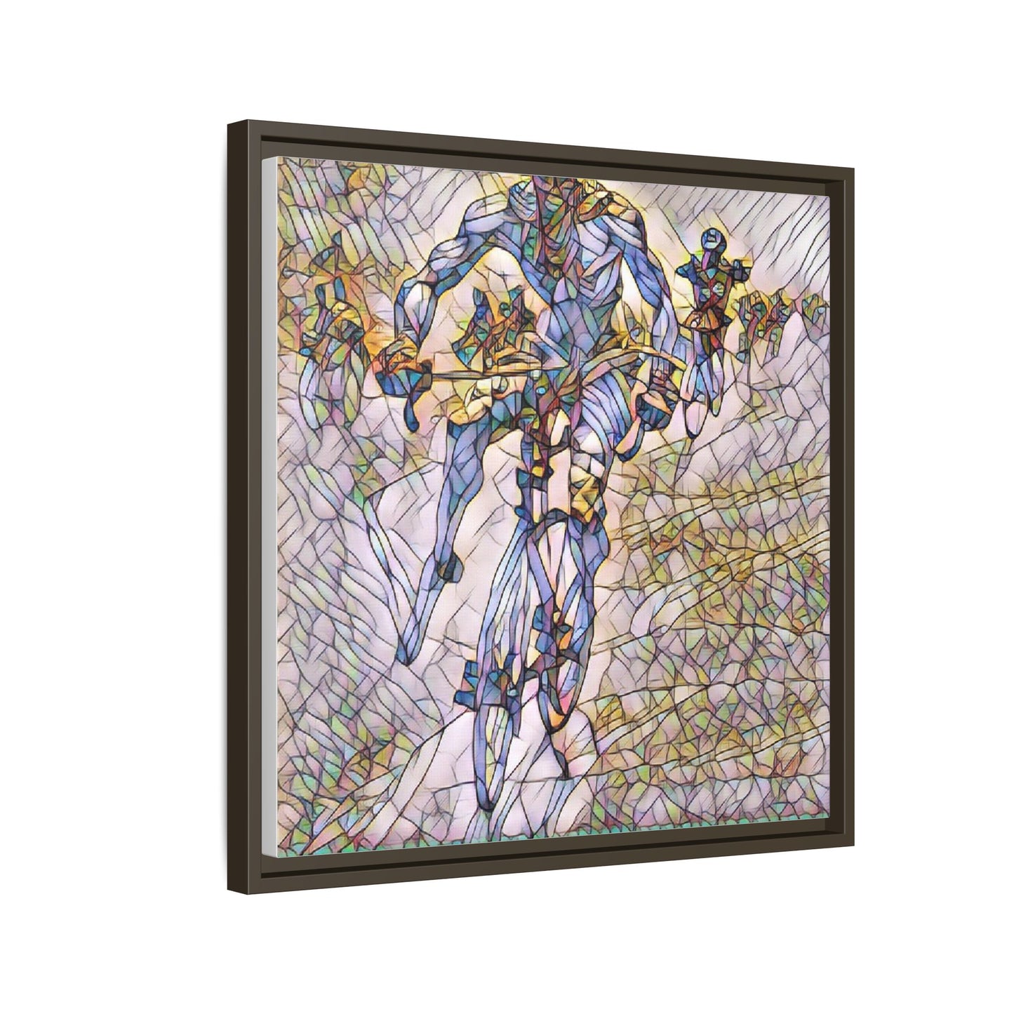 Abstract Cyclist Matte Canvas Framed Art — Colorful Stained-Glass Bike Print