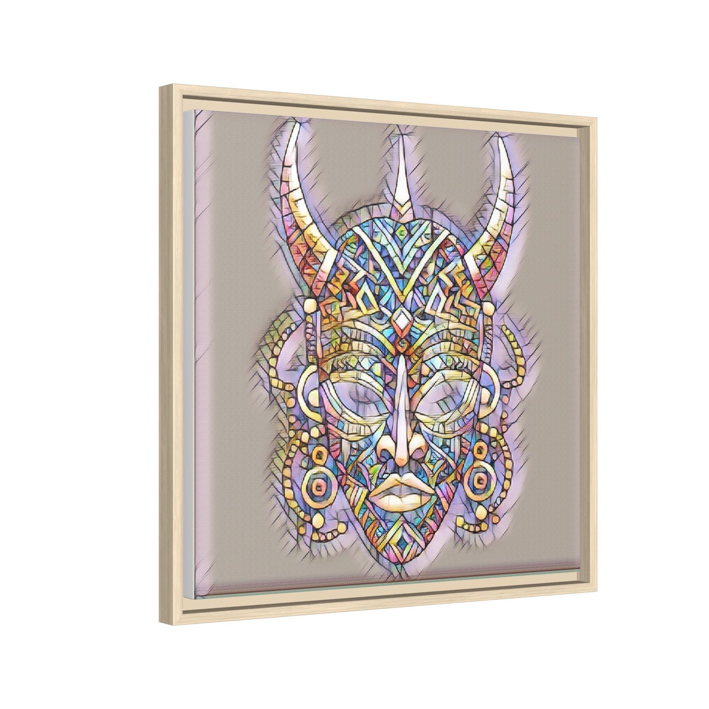 Colorful Tribal Mask Framed Canvas Art — Abstract Ethnic Wall Decor