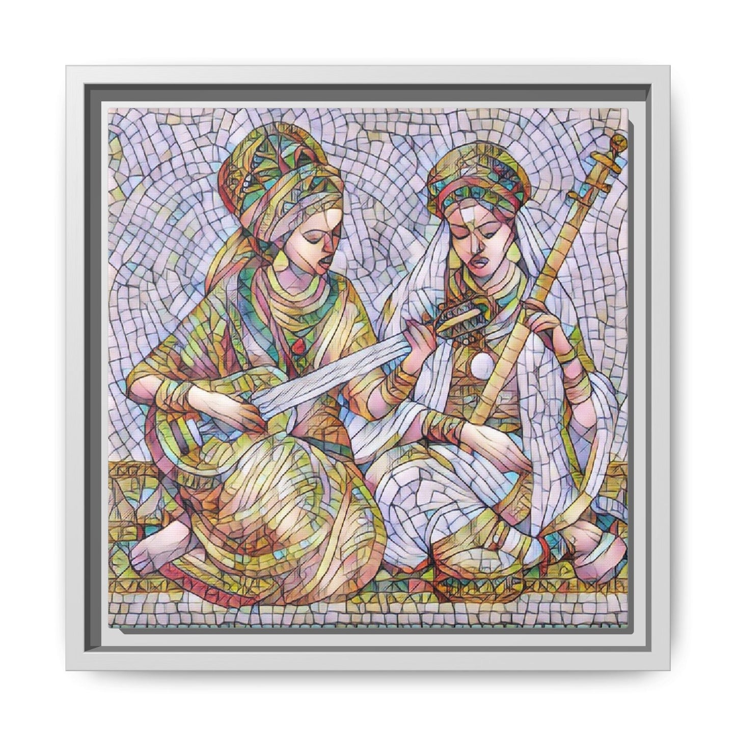 Framed Mosaic Art Print — Two Women Playing Lutes (Matte Canvas)