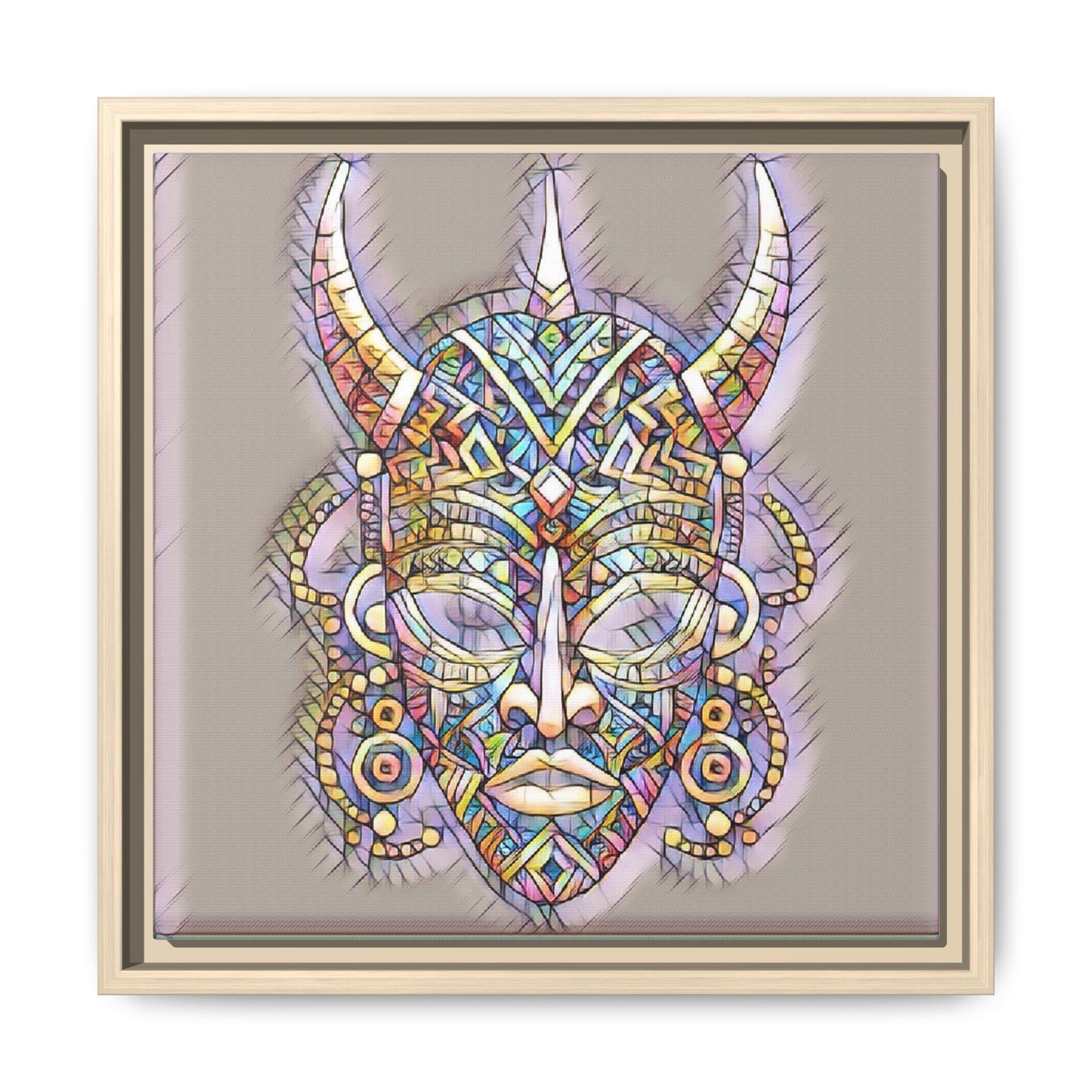 Colorful Tribal Mask Framed Canvas Art — Abstract Ethnic Wall Decor