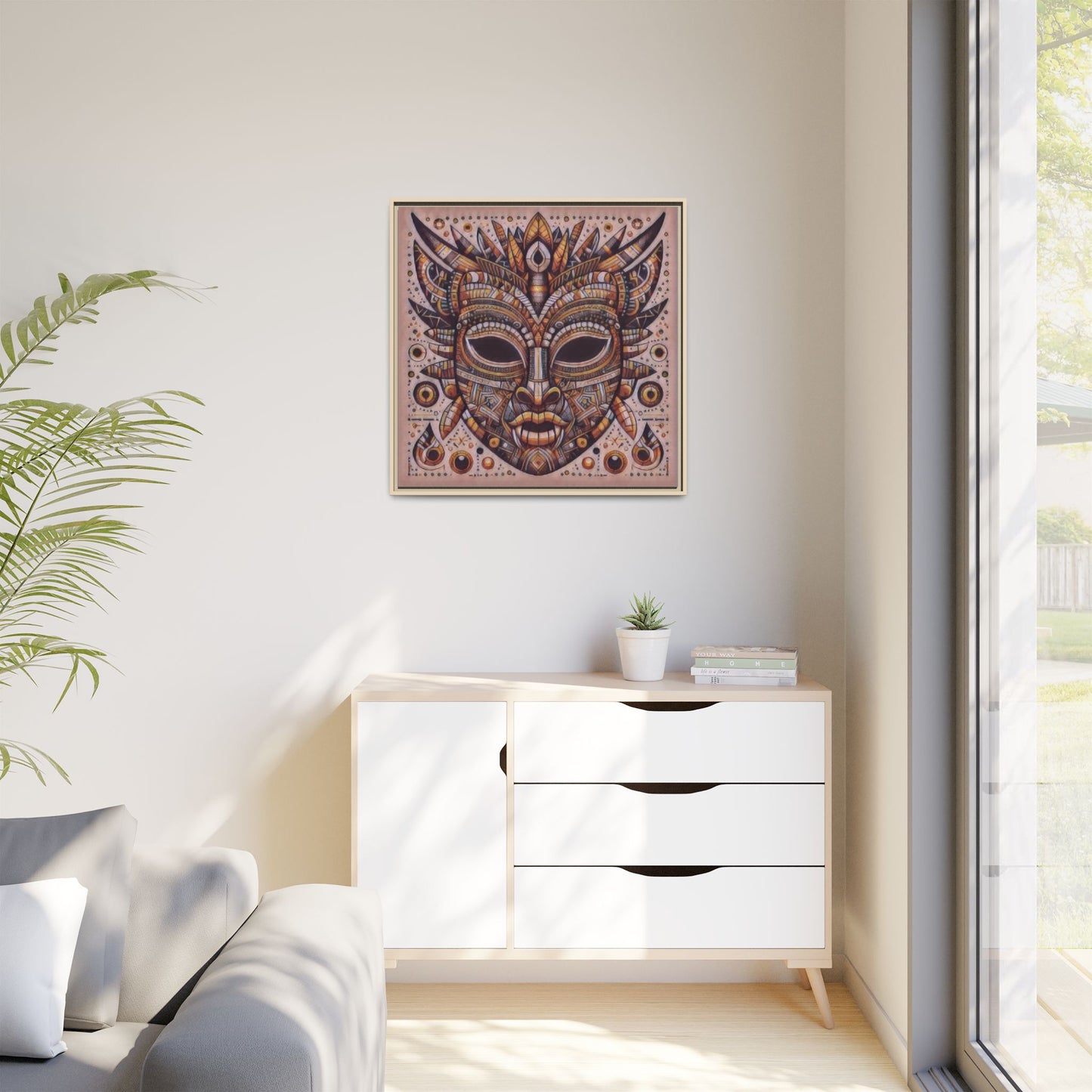 Tribal Mask Framed Canvas Art — Multicolor Matte Wall Decor