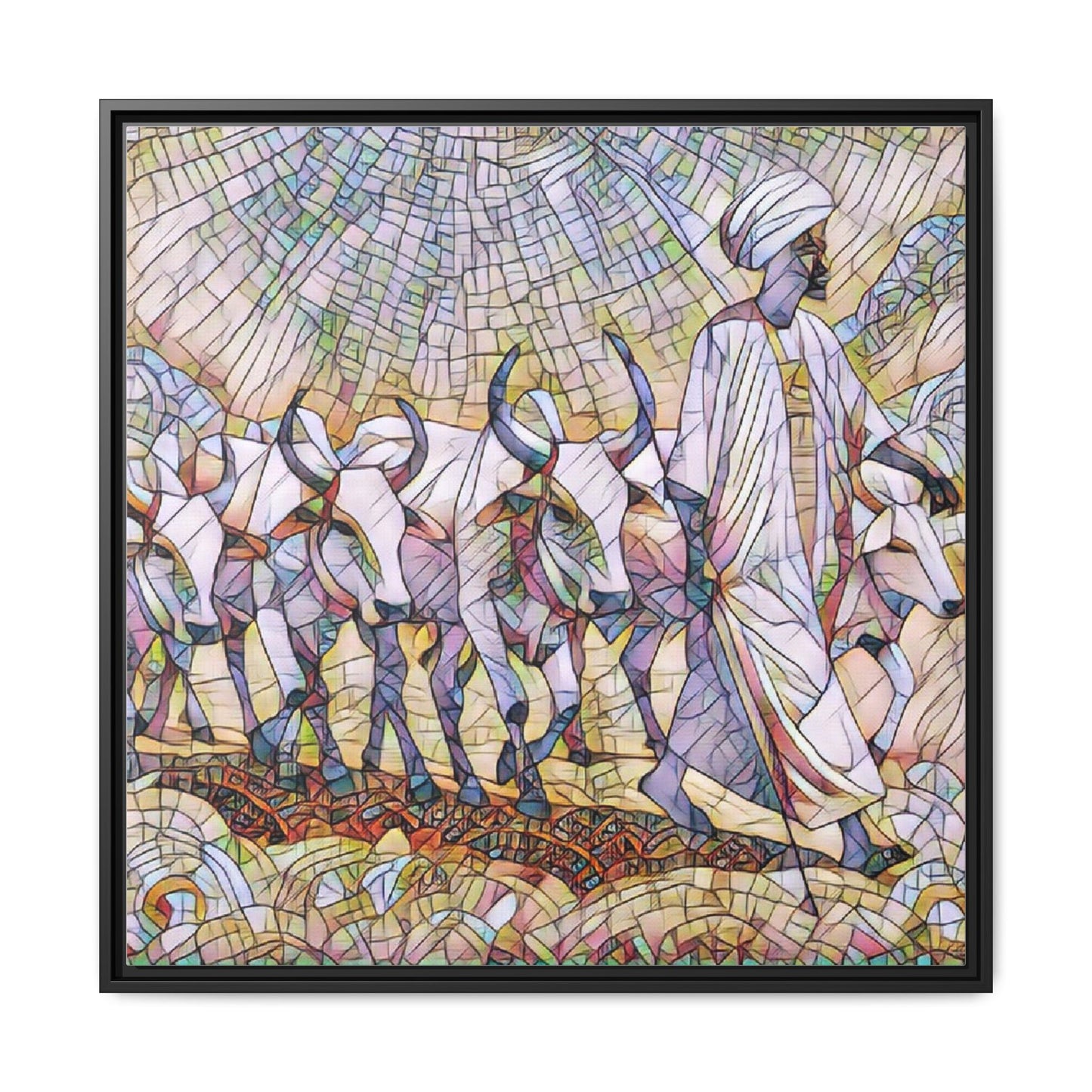 Framed Matte Canvas Art — African Herdsman Mosaic Print