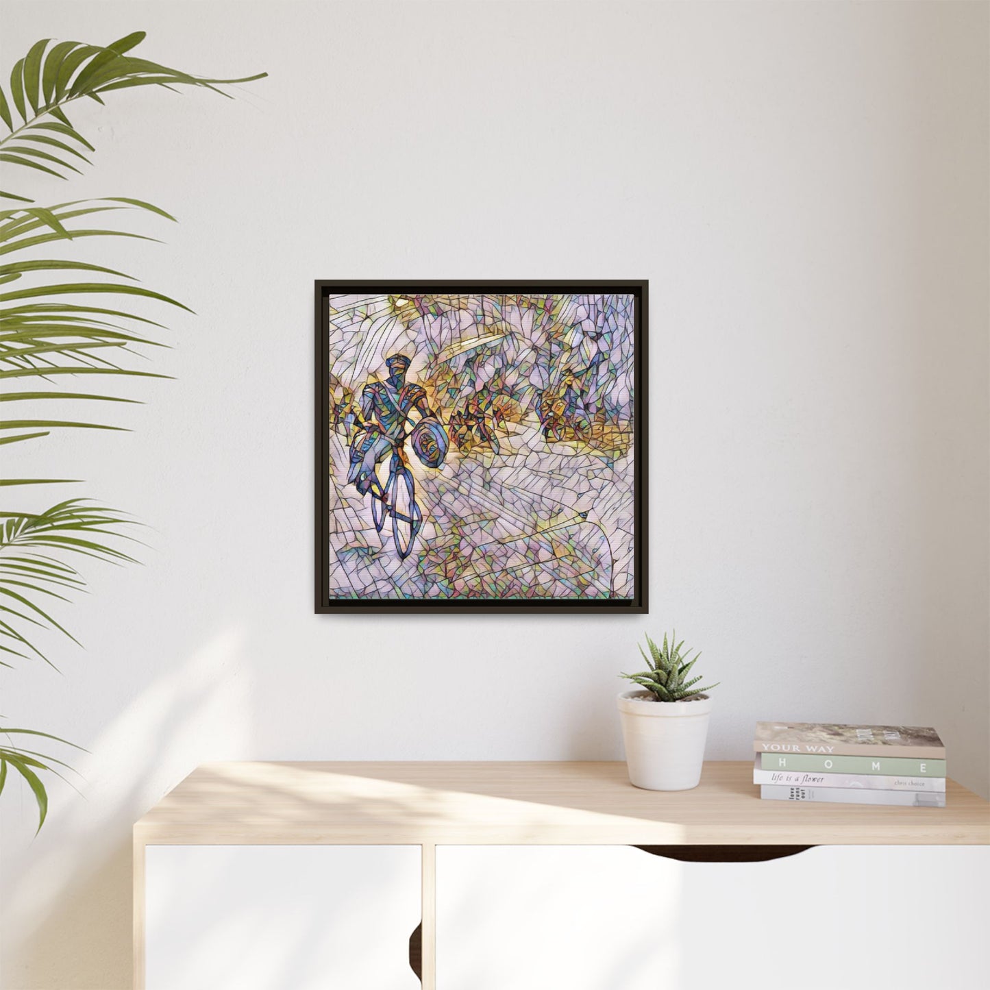 Cyclist Mosaic Matte Canvas Framed Wall Art — Colorful Biking Scene