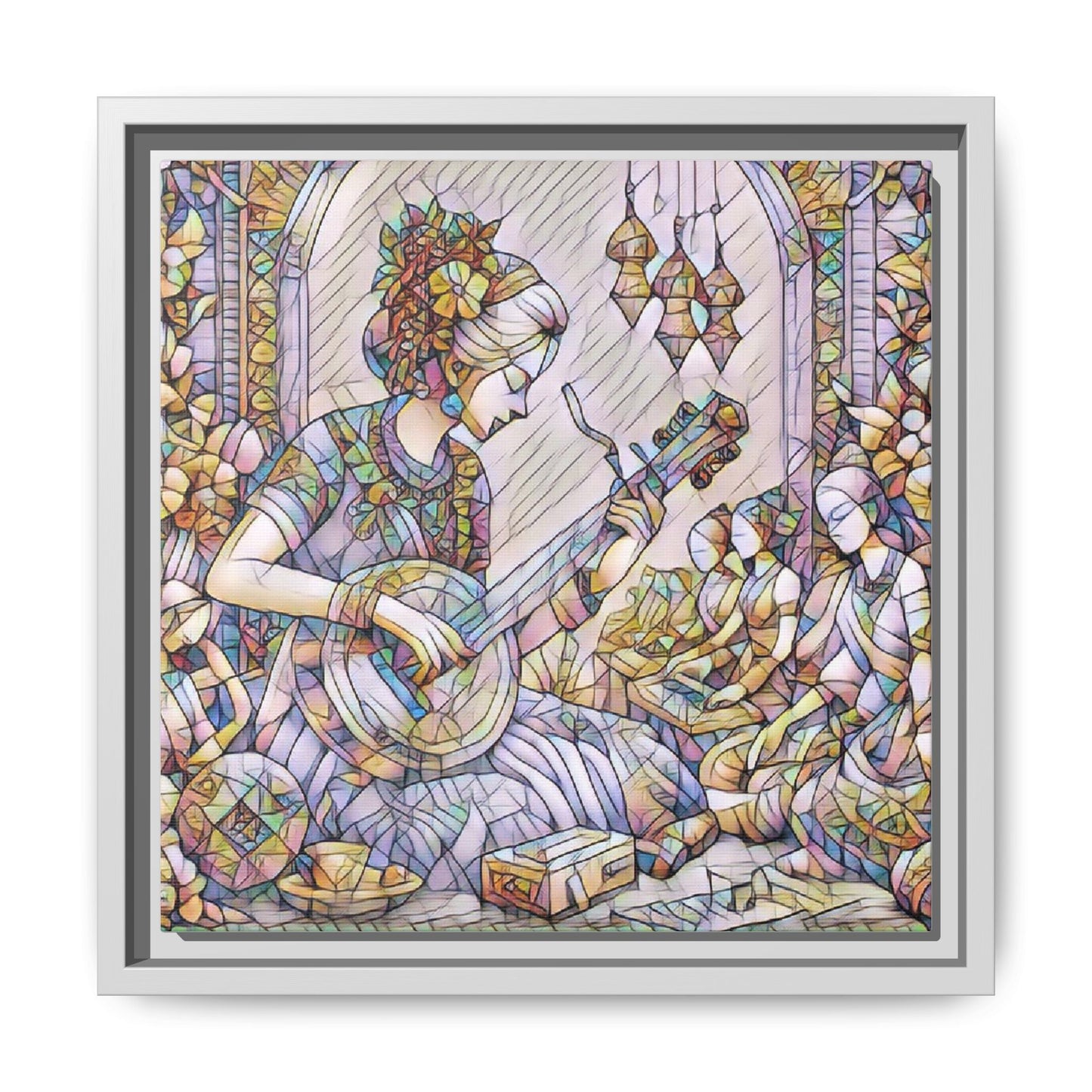 Framed Matte Canvas: Bohemian Woman Playing Lute — Stained-Glass Style Wall Art