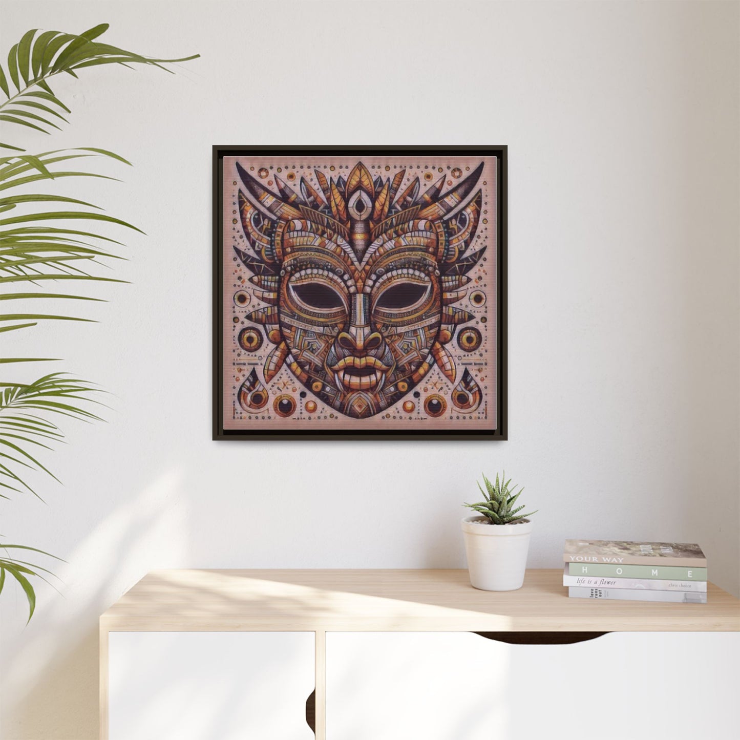 Tribal Mask Framed Canvas Art — Multicolor Matte Wall Decor