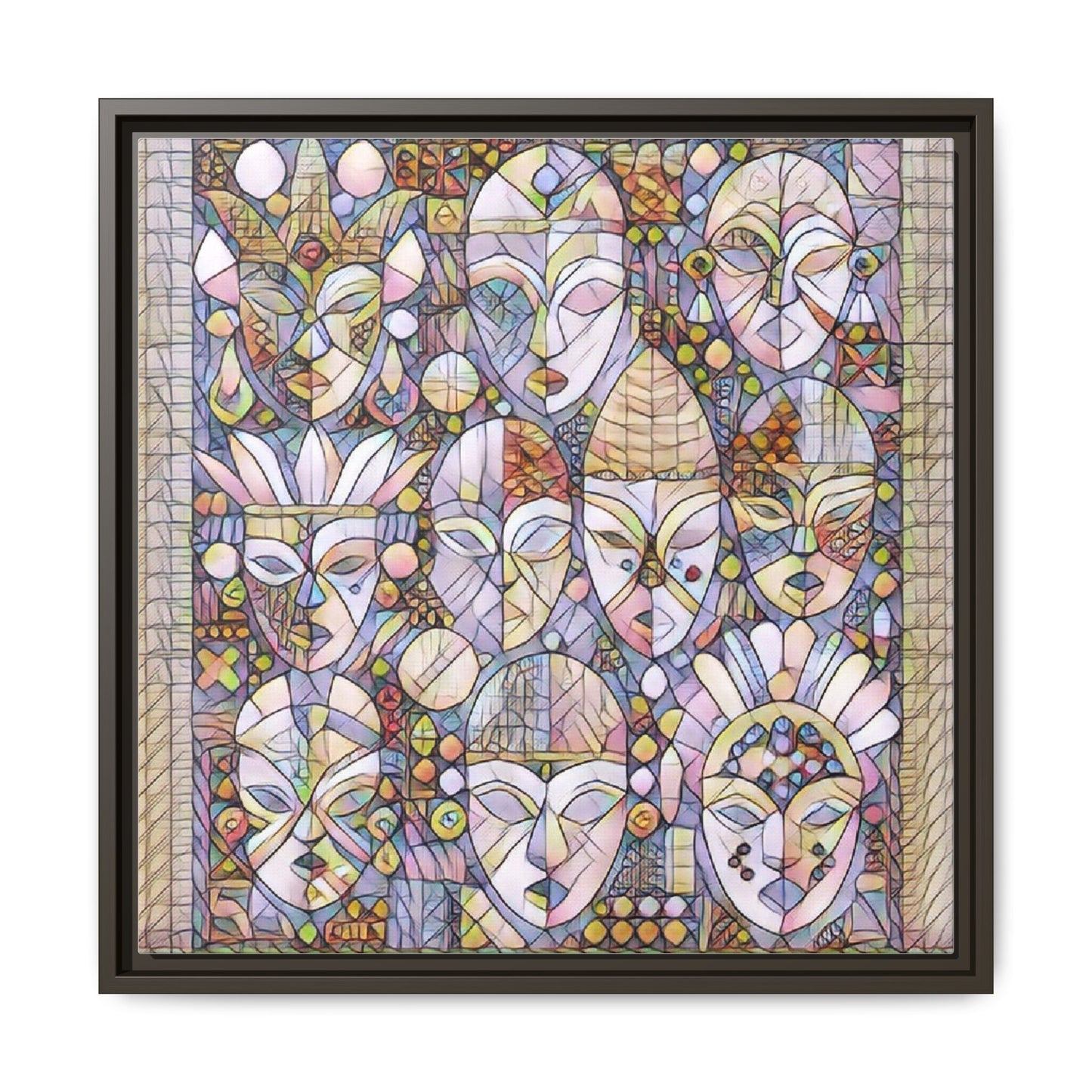 Framed Abstract Mask Art Canvas — Multicolor Stained-Glass Faces Wall Decor