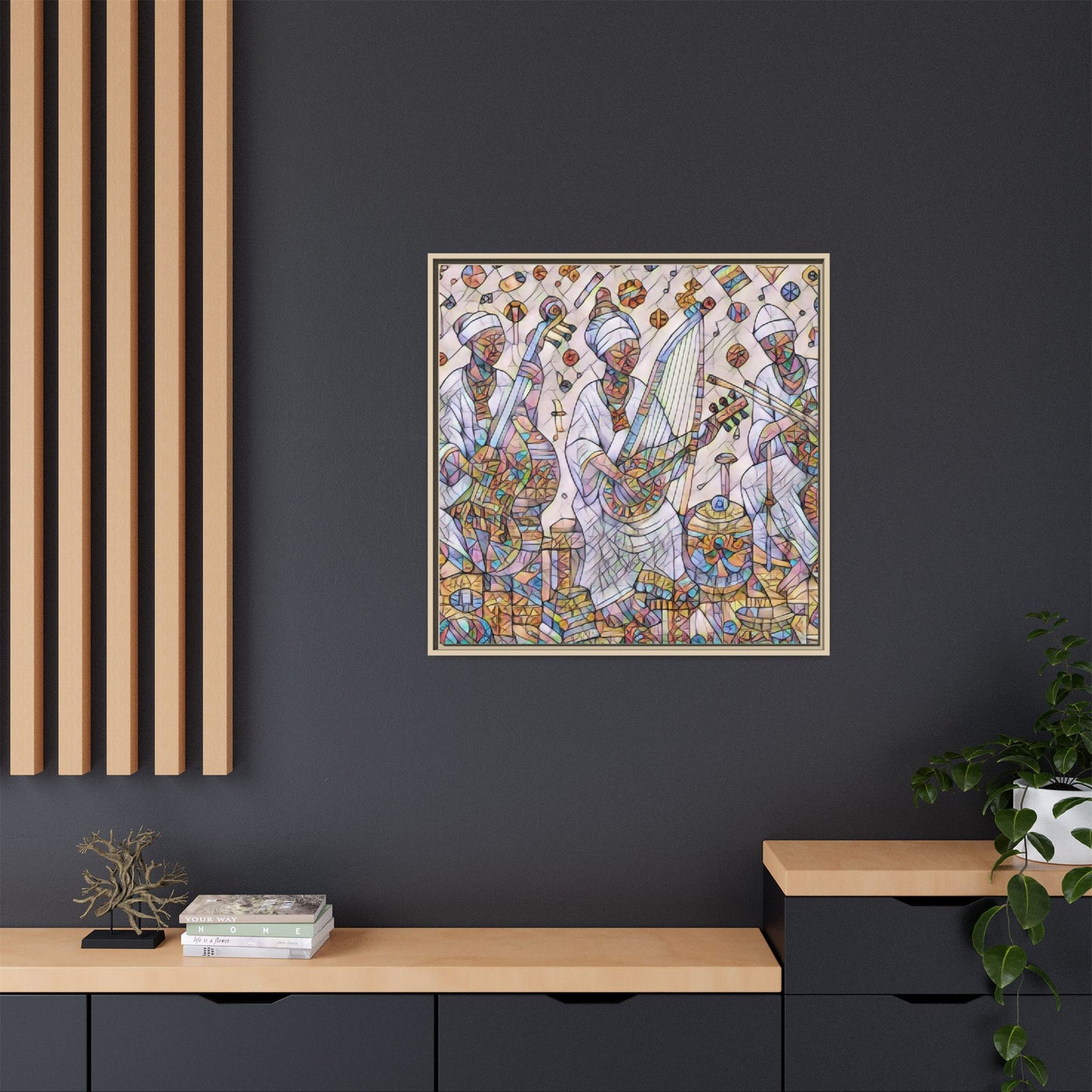 Framed Matte Canvas Print — Colorful African Musicians Stained-Glass Art
