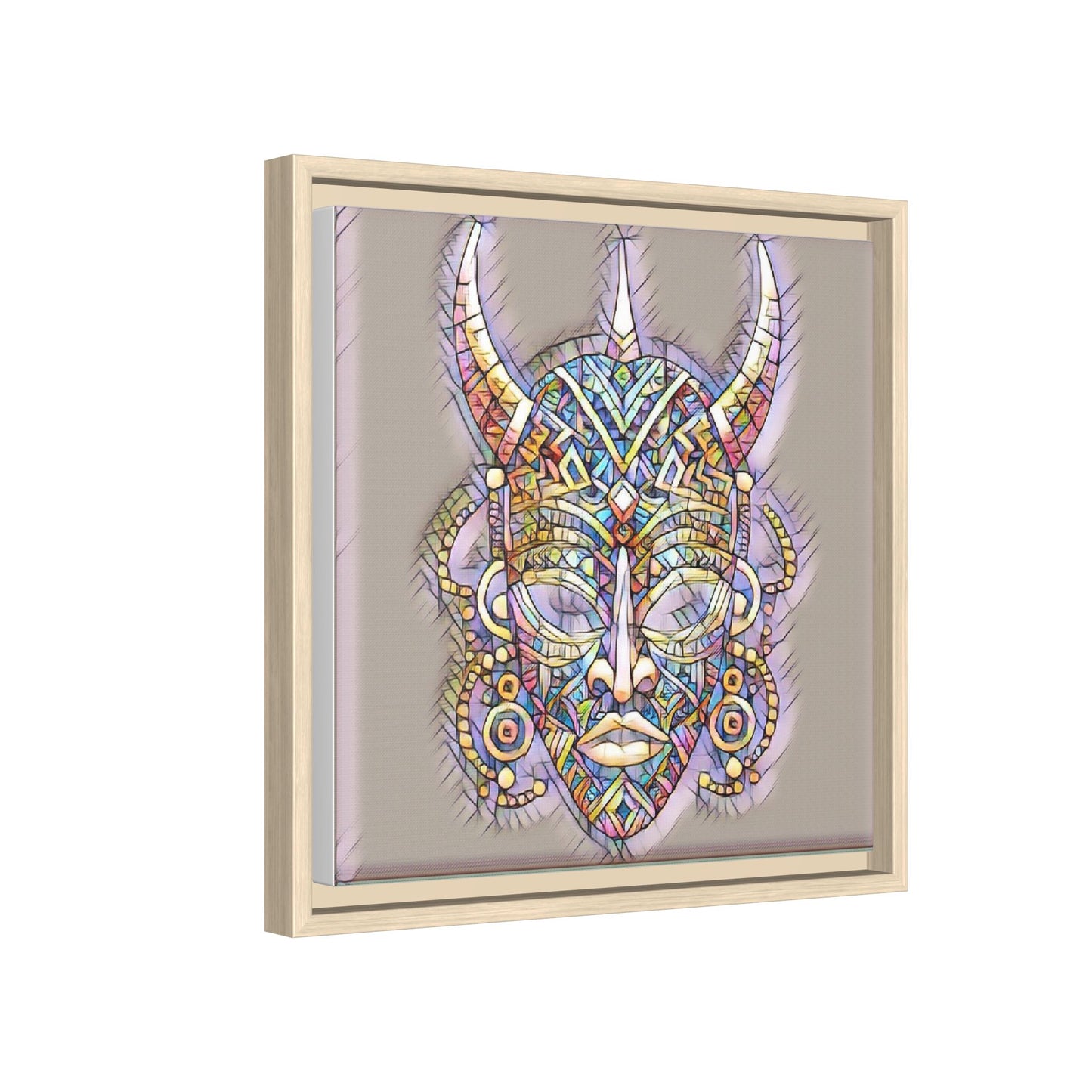 Colorful Tribal Mask Framed Canvas Art — Abstract Ethnic Wall Decor