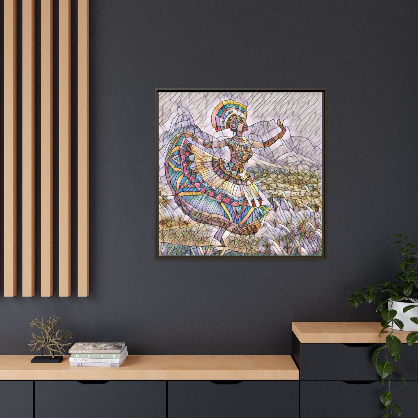 Ballerina Mosaic Framed Canvas Print — Colorful Ethnic Dance Wall Art