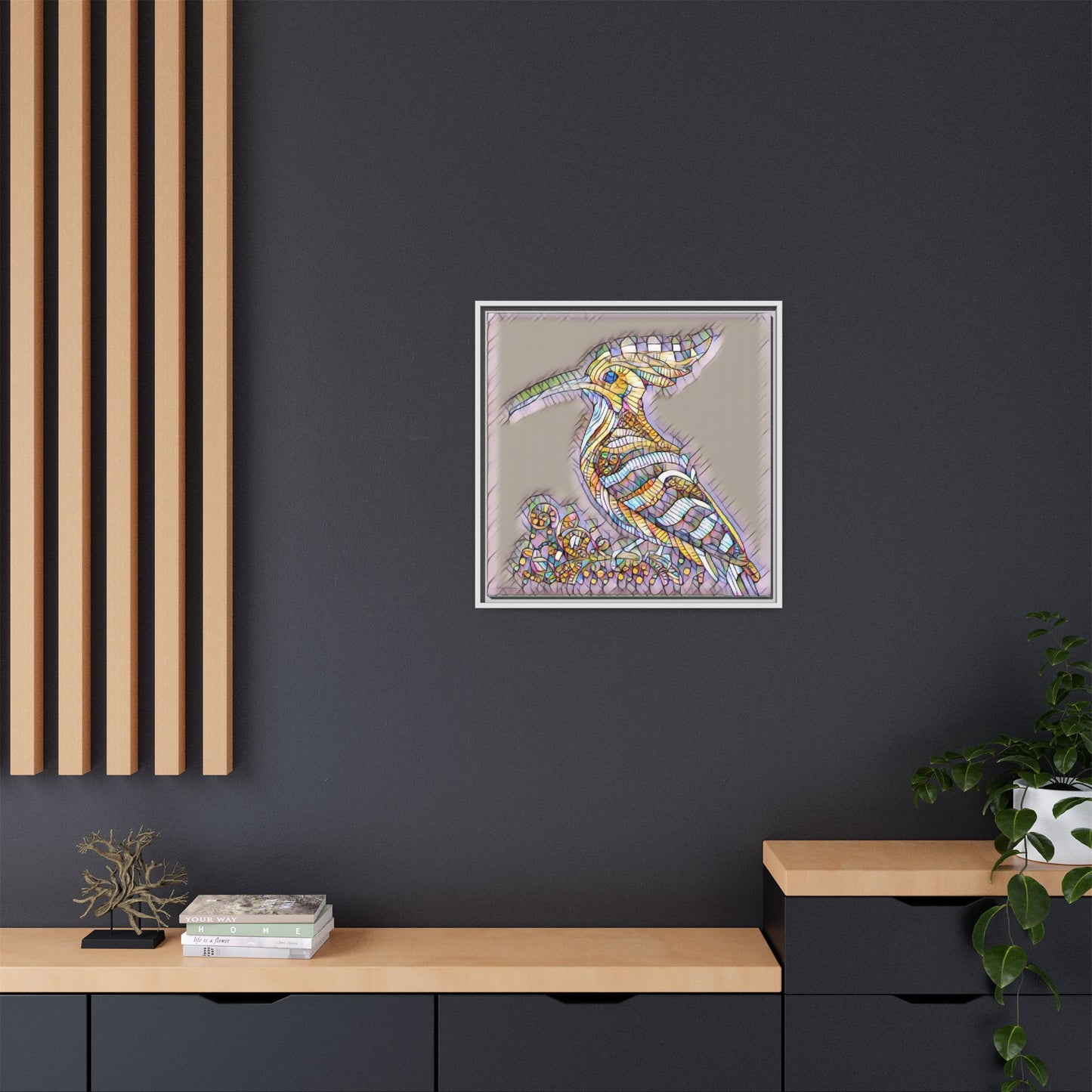 Colorful Mosaic Bird Framed Canvas Art — Whimsical Hoopoe Wall Decor