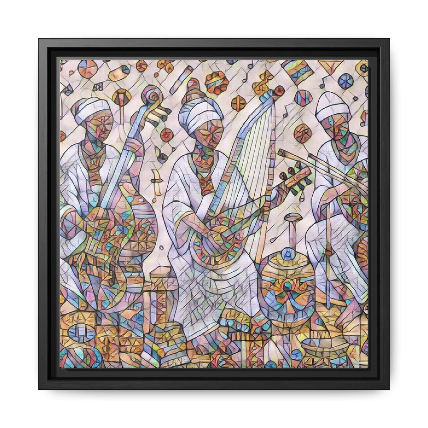 Framed Matte Canvas Print — Colorful African Musicians Stained-Glass Art