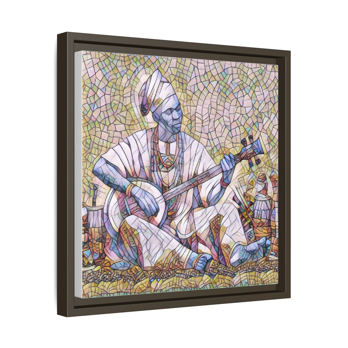 Framed Mosaic Musician Canvas Art — African Griot with Kora