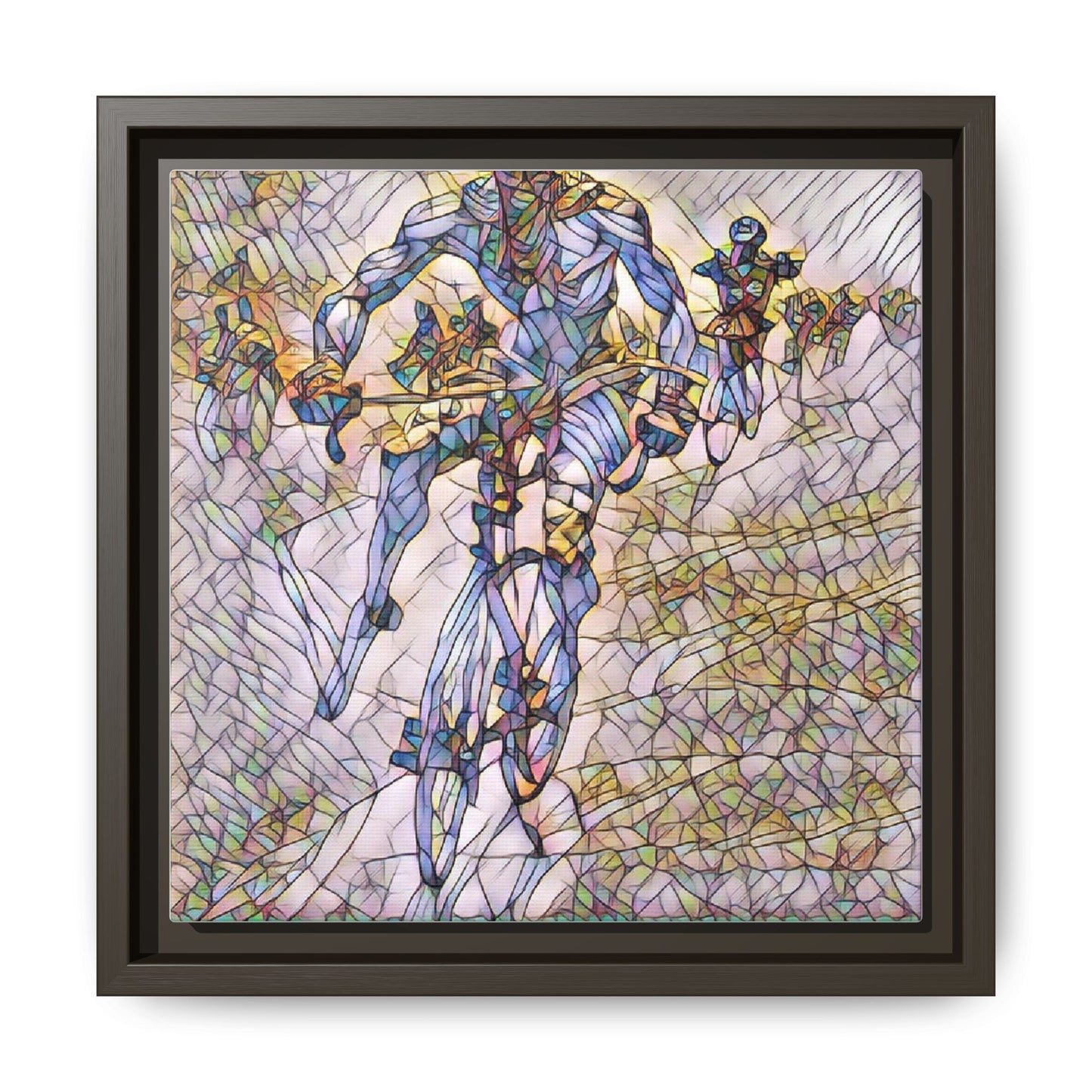 Abstract Cyclist Matte Canvas Framed Art — Colorful Stained-Glass Bike Print