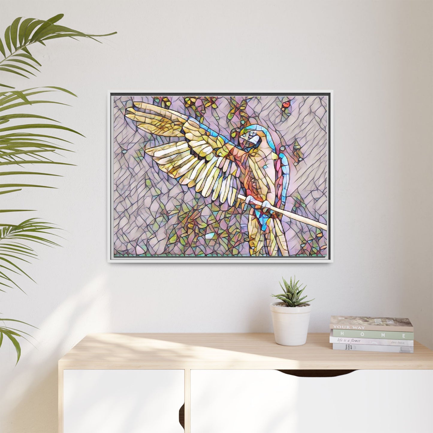 Framed Parrot Stained-Glass Art Print — Matte Canvas Wall Decor