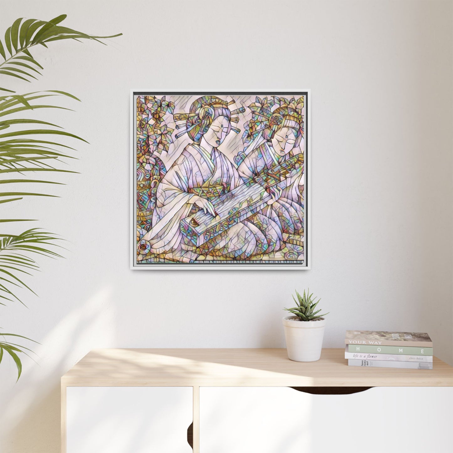 Framed Matte Canvas Print — Stained-Glass Geisha Duo