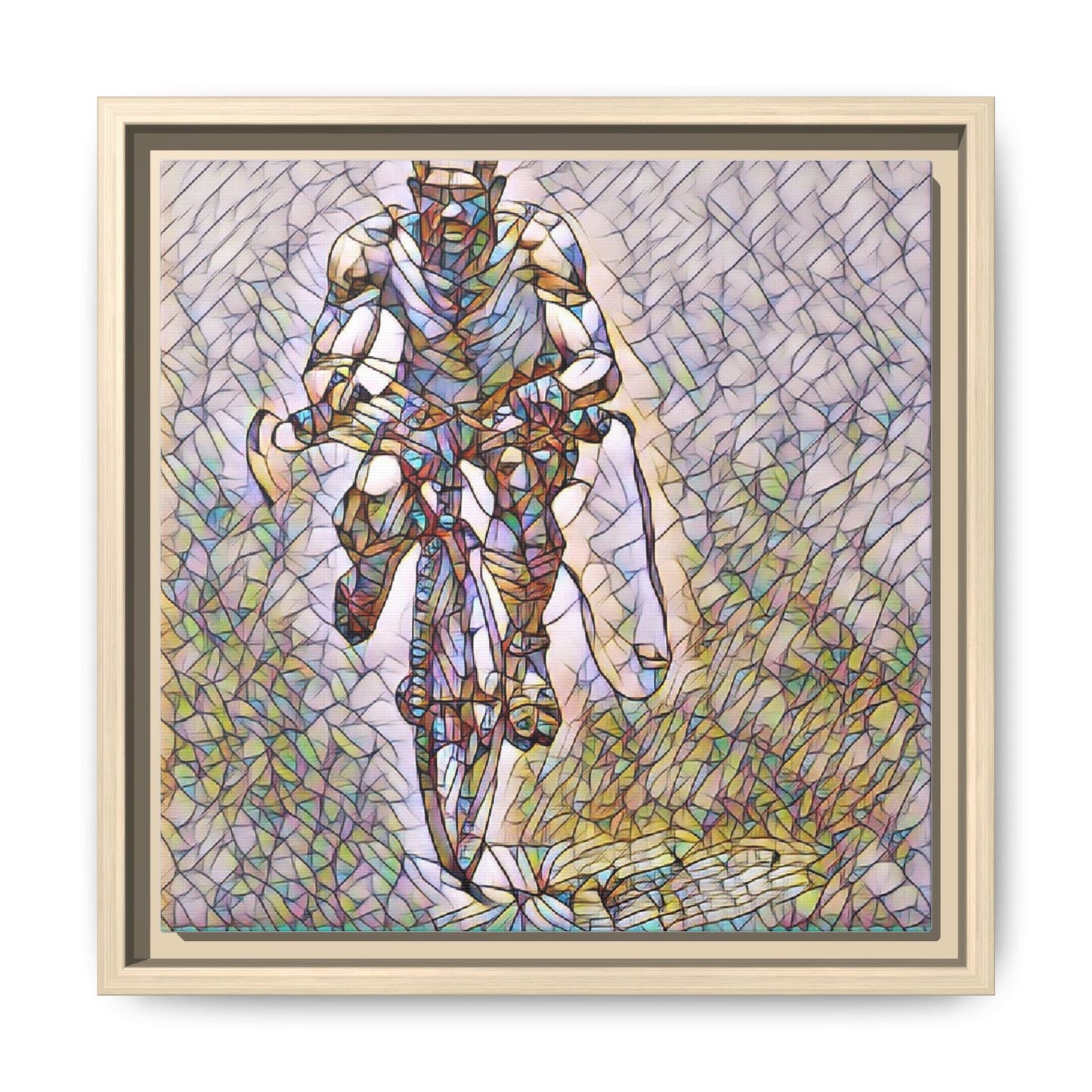 Cyclist Art Print — Framed Matte Canvas Wall Art (Multicolor Stained-Glass Style)