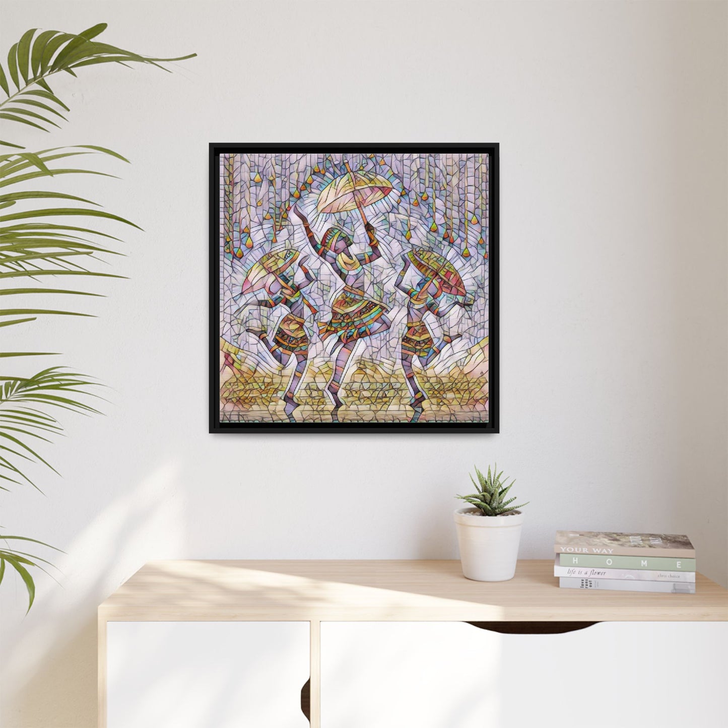 Colorful African Dance Framed Canvas Art — Umbrella Dancers Wall Decor