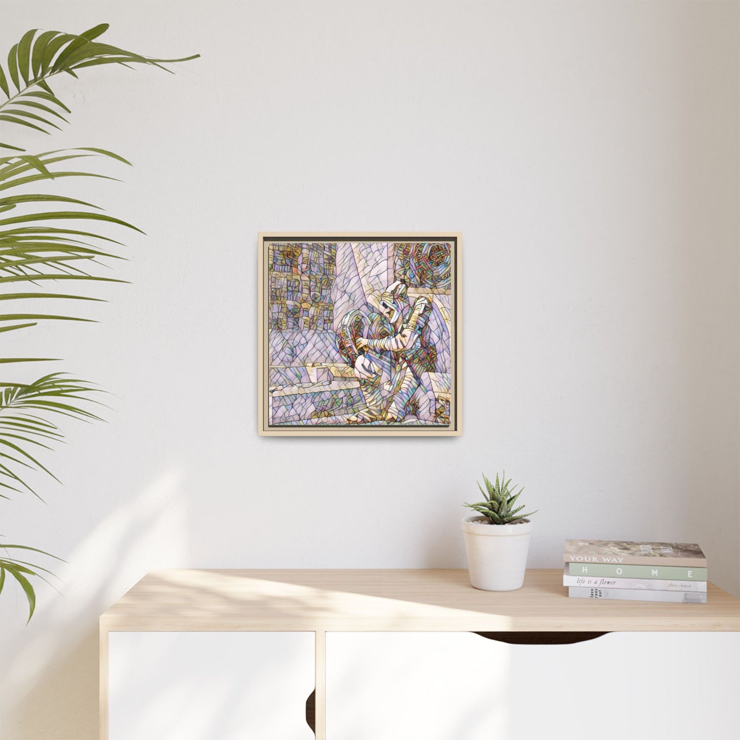Framed Matte Canvas Art — Colorful Stained-Glass Astronaut Embrace