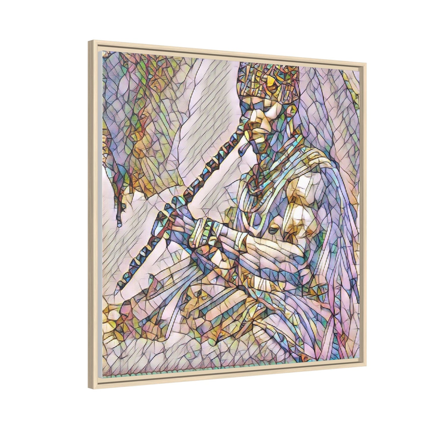Tribal Flute Musician Stained-Glass Framed Canvas Art