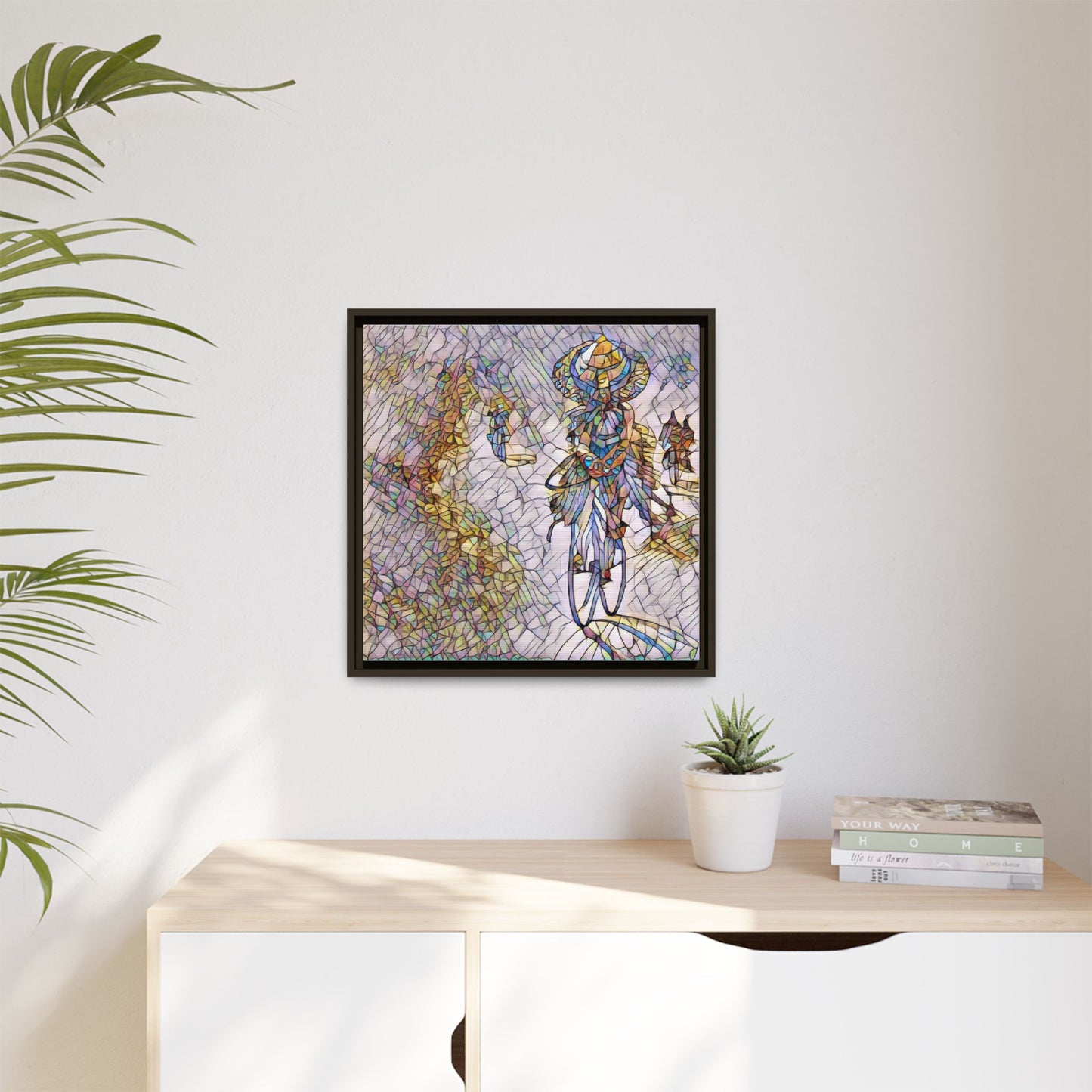 Abstract Cyclist Stained-Glass Art Print — Framed Matte Canvas