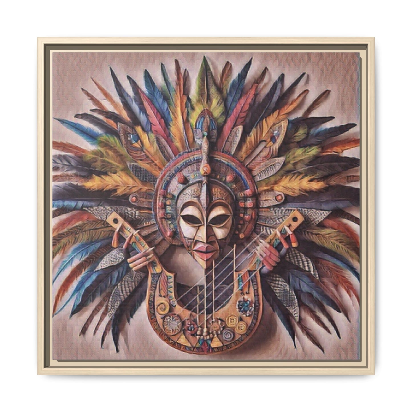 Tribal Feather Mask Guitar Framed Canvas Art — Colorful Boho Wall Decor
