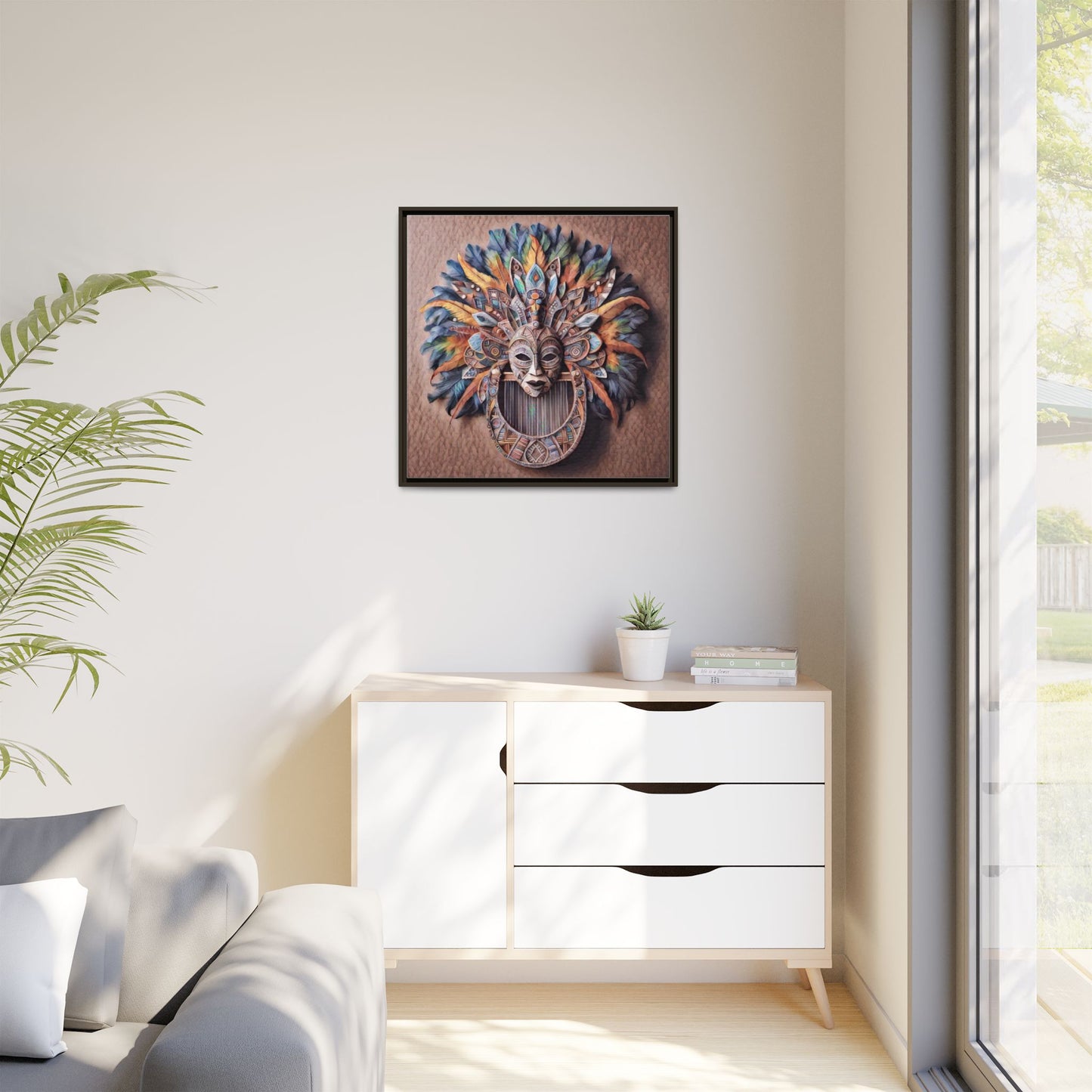 Tribal Feather Mask Framed Canvas Wall Art — Colorful Boho Decorative Print