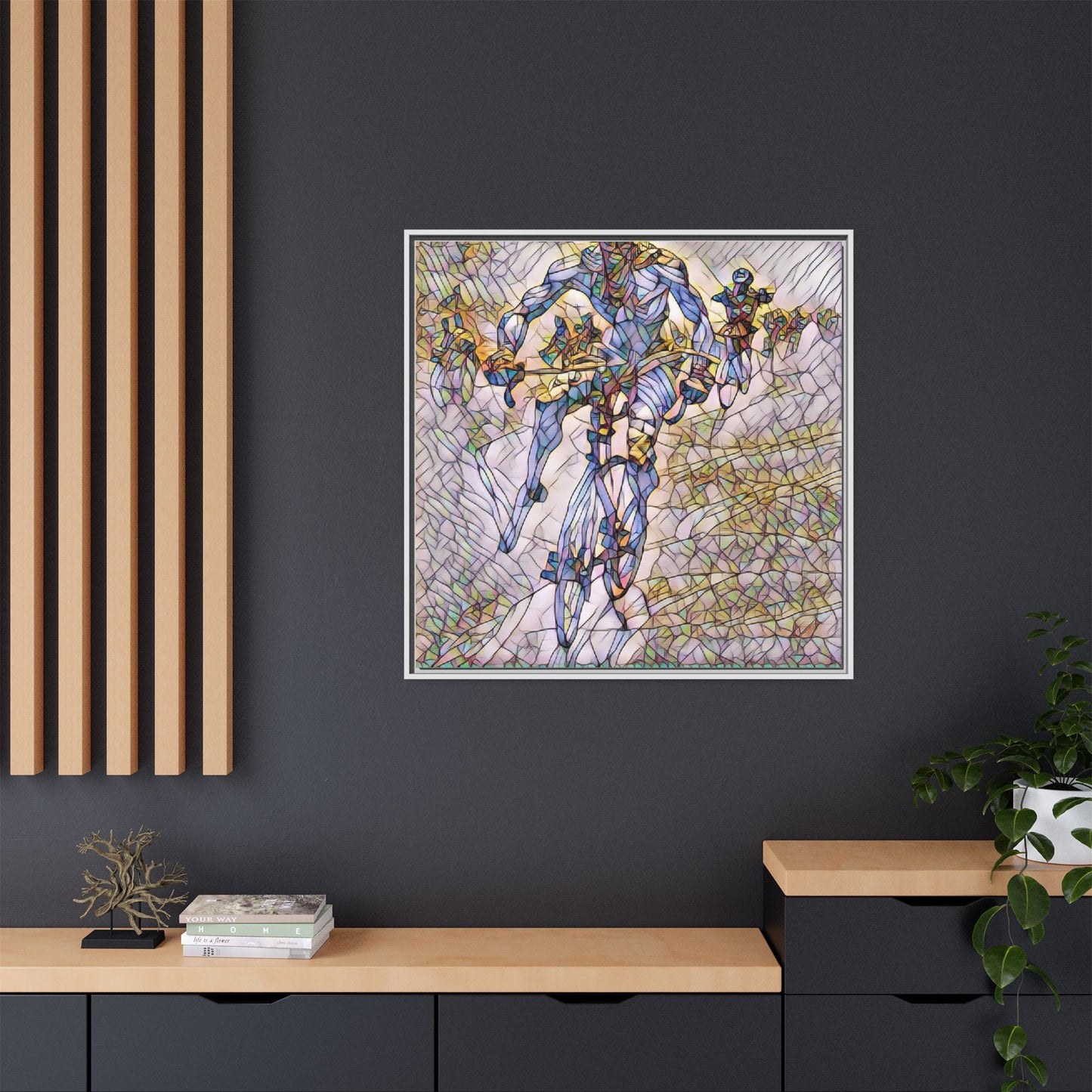 Abstract Cyclist Matte Canvas Framed Art — Colorful Stained-Glass Bike Print