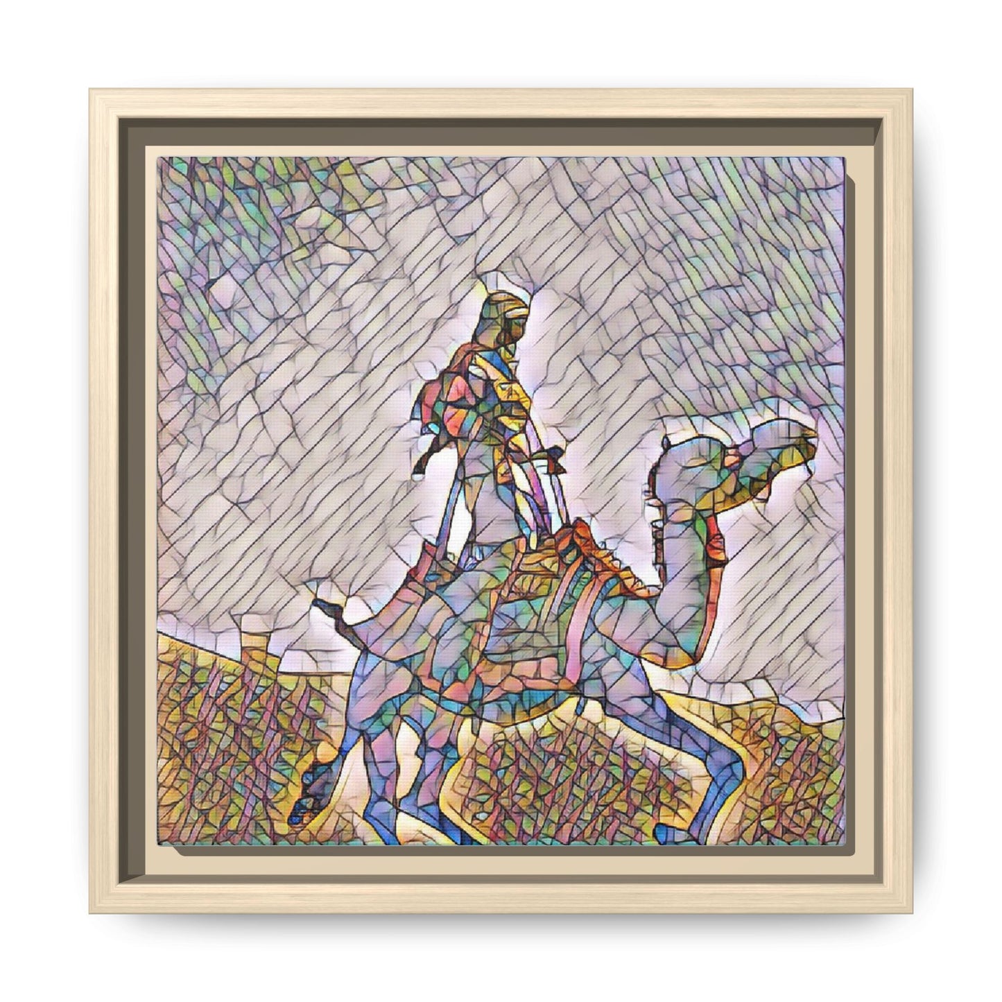 Framed Camel Rider Matte Canvas Art — Colorful Mosaic Desert Wall Decor