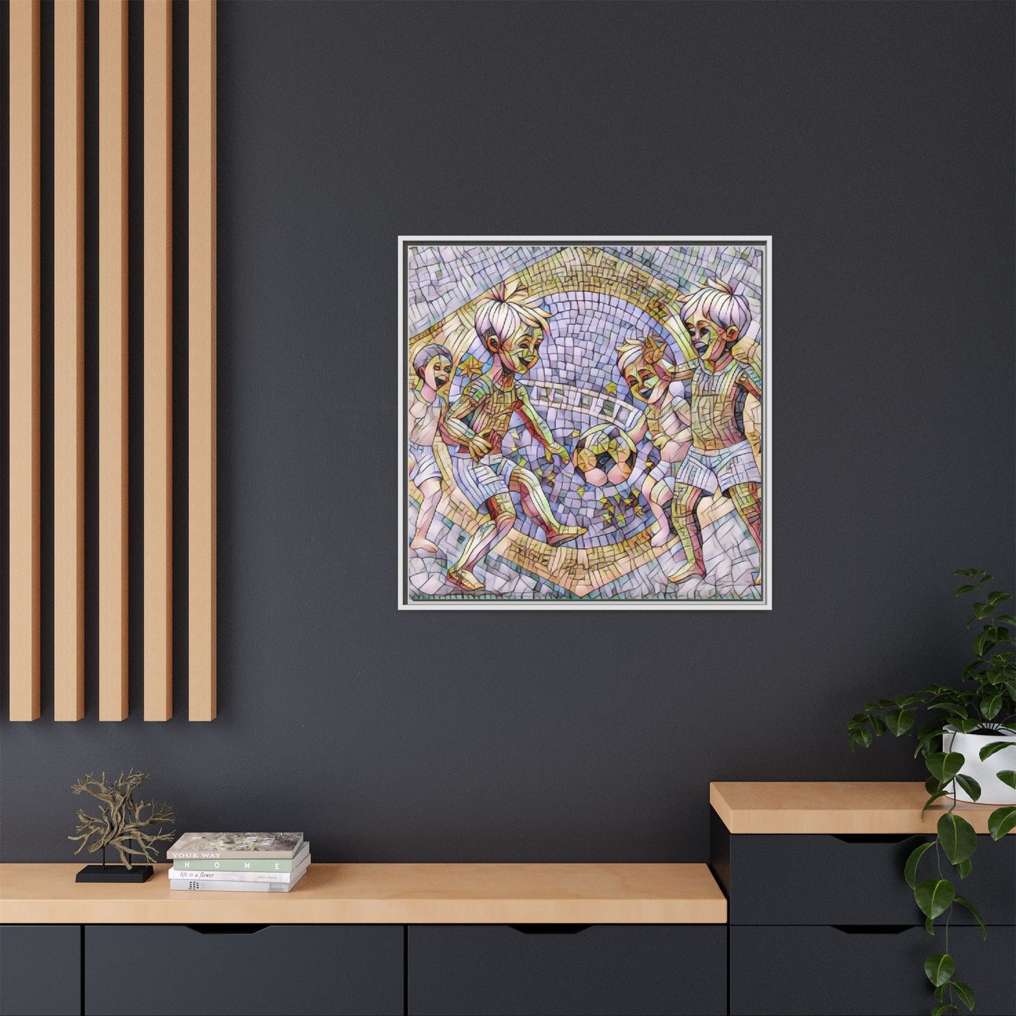 Framed Matte Canvas – Vintage Mosaic Kids Playing Soccer Art