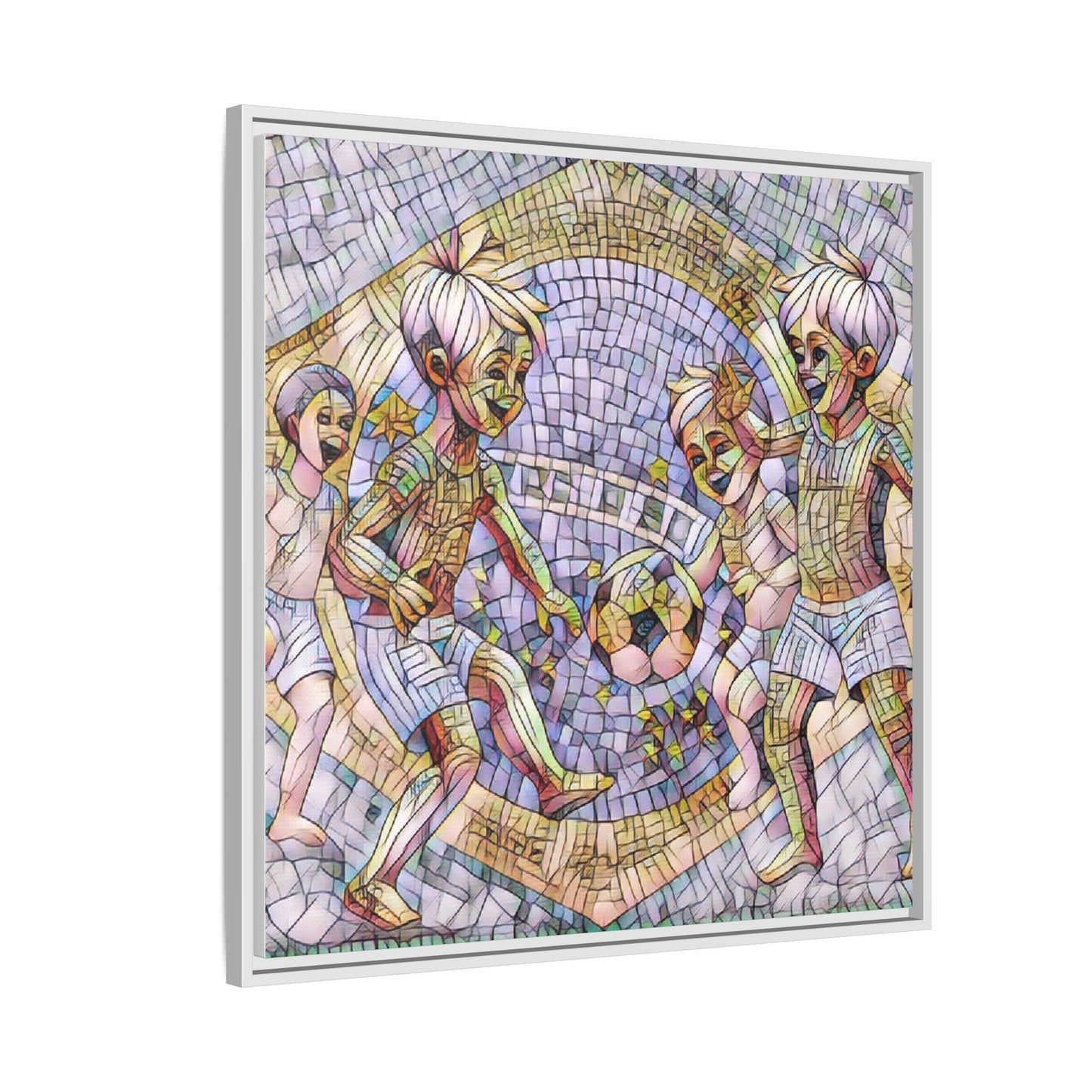 Framed Matte Canvas – Vintage Mosaic Kids Playing Soccer Art